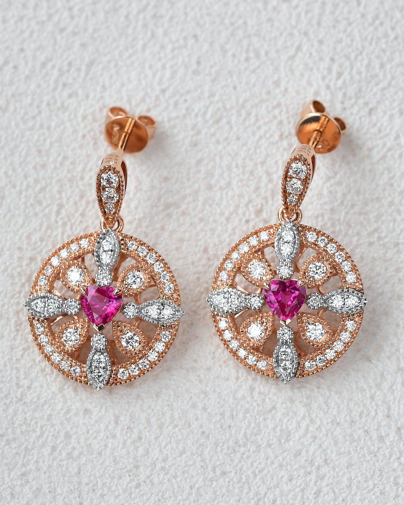 Art-Deco Heart Shaped Ruby Rose Gold Earrings - Felicegals 丨Wedding ring 丨Fashion ring 丨Diamond ring 丨Gemstone ring--Felicegals 丨Wedding ring 丨Fashion ring 丨Diamond ring 丨Gemstone ring