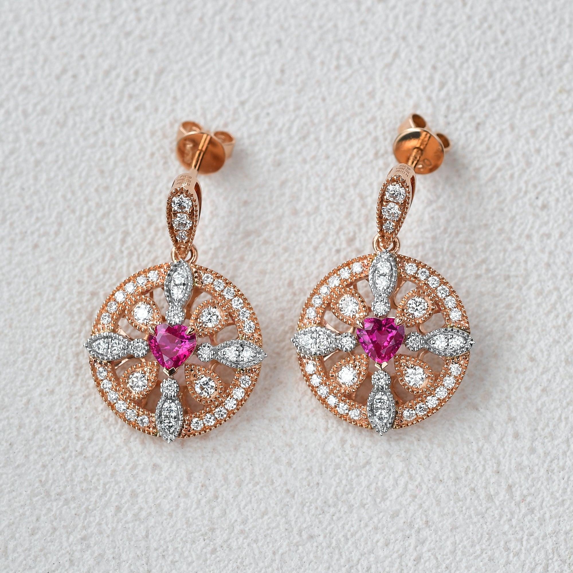 Art-Deco Heart Shaped Ruby Rose Gold Earrings - Felicegals 丨Wedding ring 丨Fashion ring 丨Diamond ring 丨Gemstone ring--Felicegals 丨Wedding ring 丨Fashion ring 丨Diamond ring 丨Gemstone ring