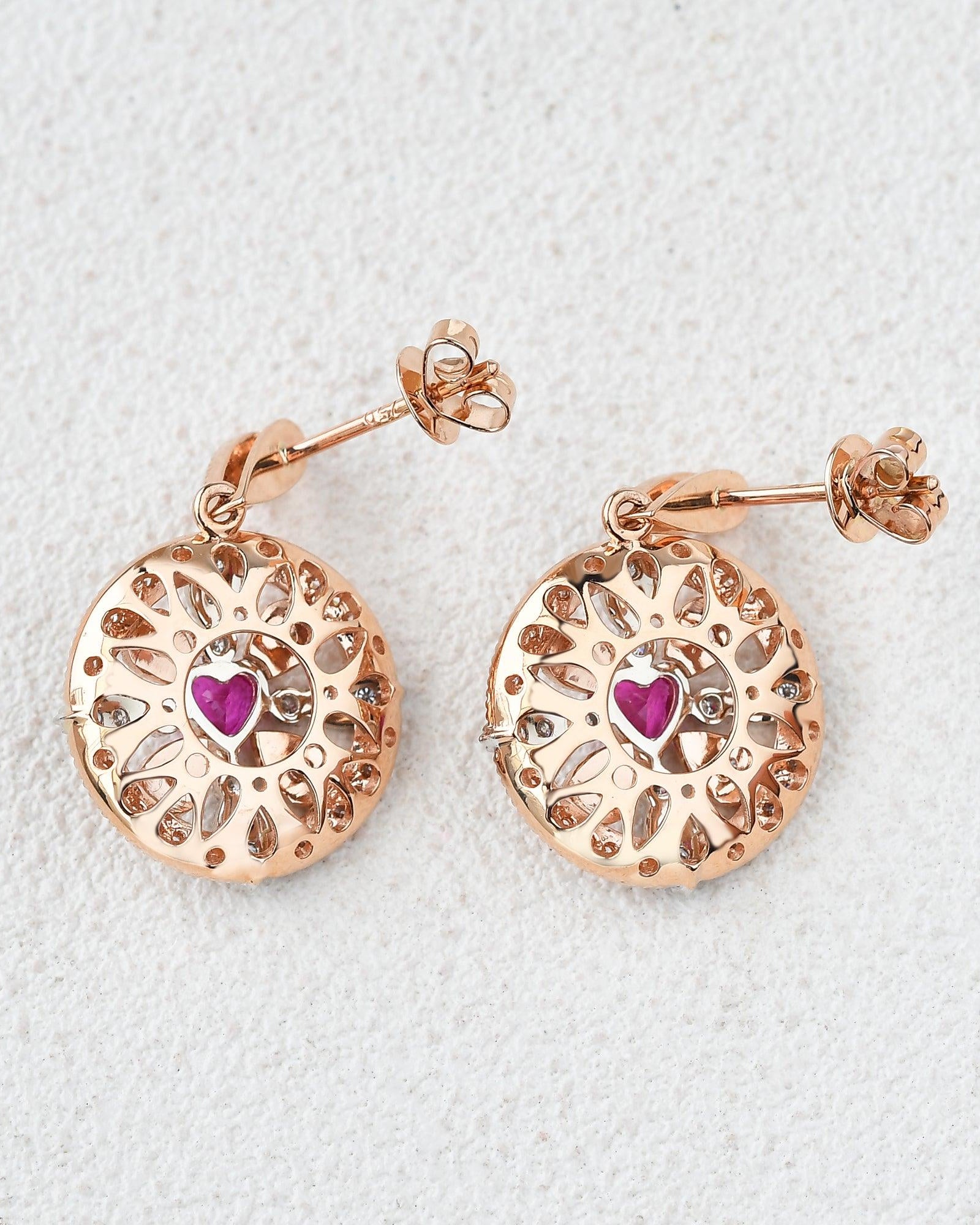 Art-Deco Heart Shaped Ruby Rose Gold Earrings - Felicegals 丨Wedding ring 丨Fashion ring 丨Diamond ring 丨Gemstone ring--Felicegals 丨Wedding ring 丨Fashion ring 丨Diamond ring 丨Gemstone ring