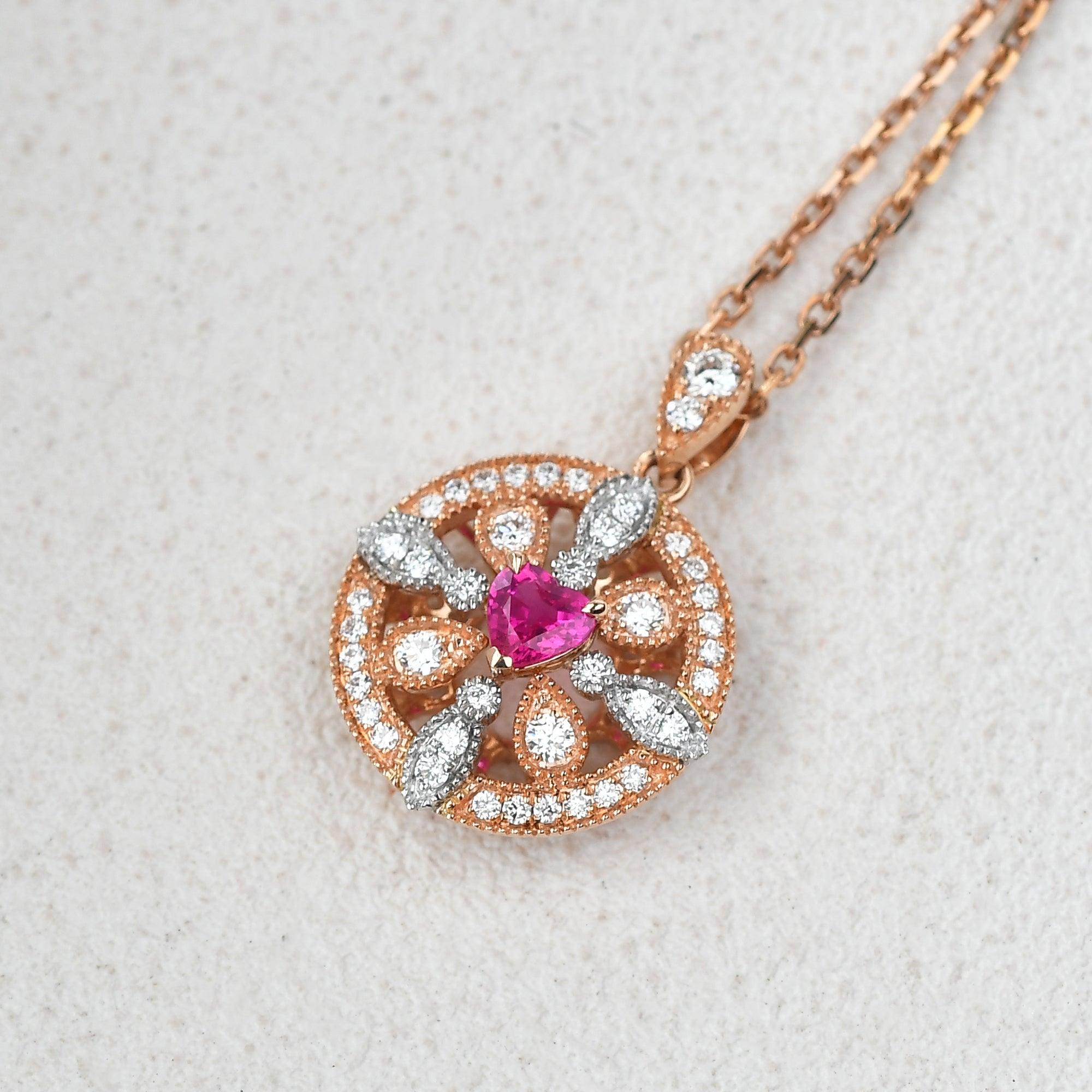 Art-Deco Heart Shaped Ruby Rose Gold Necklace - Felicegals 丨Wedding ring 丨Fashion ring 丨Diamond ring 丨Gemstone ring--Felicegals 丨Wedding ring 丨Fashion ring 丨Diamond ring 丨Gemstone ring