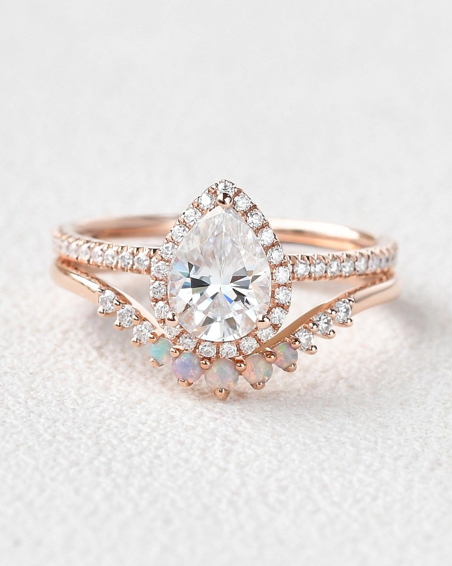 Pear Shaped Moissanite & Opal White Gold Ring Set 2pcs - Felicegals 丨Wedding ring 丨Fashion ring 丨Diamond ring 丨Gemstone ring--Felicegals