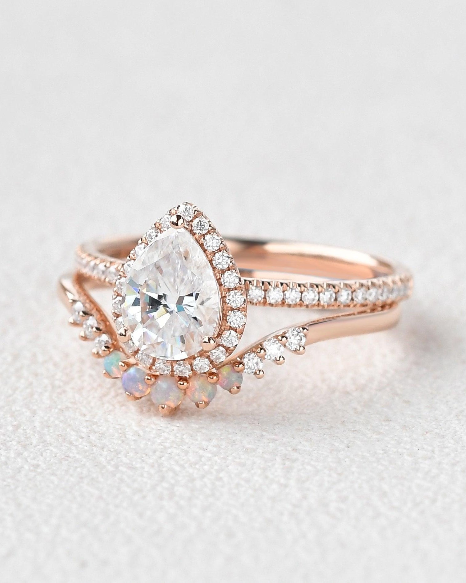 Pear Shaped Moissanite & Opal White Gold Ring Set 2pcs - Felicegals 丨Wedding ring 丨Fashion ring 丨Diamond ring 丨Gemstone ring--Felicegals