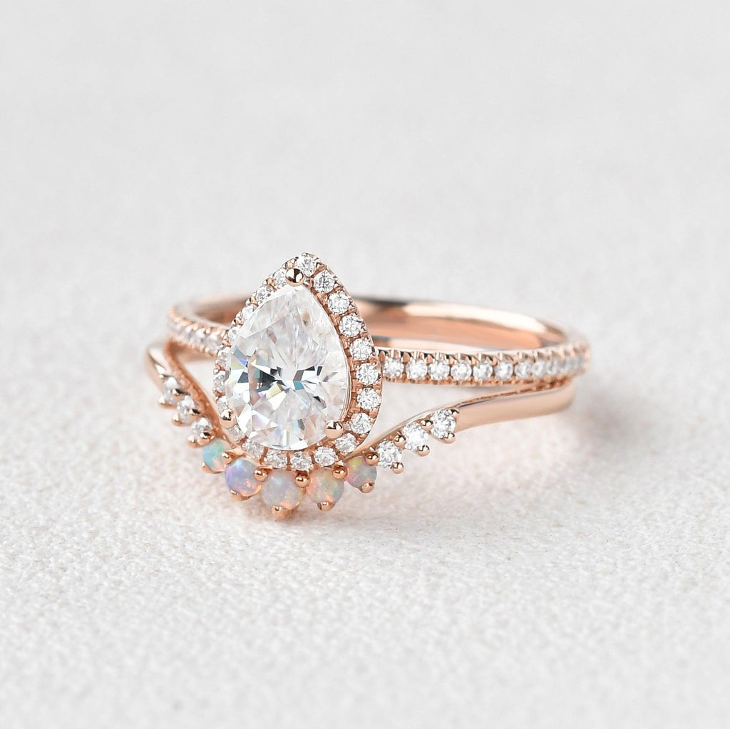 Pear Shaped Moissanite & Opal White Gold Ring Set 2pcs - Felicegals 丨Wedding ring 丨Fashion ring 丨Diamond ring 丨Gemstone ring--Felicegals