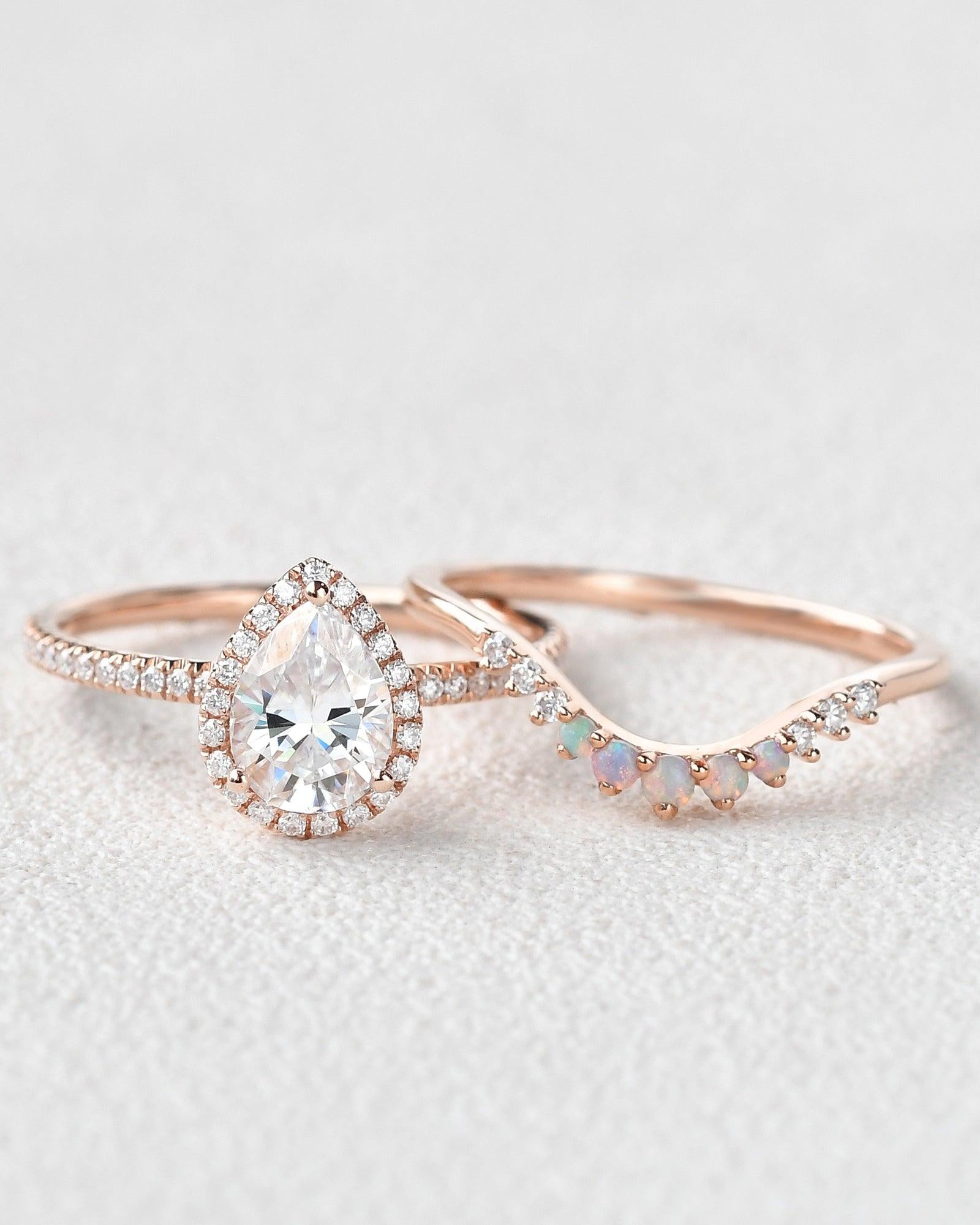 Pear Shaped Moissanite & Opal White Gold Ring Set 2pcs - Felicegals 丨Wedding ring 丨Fashion ring 丨Diamond ring 丨Gemstone ring--Felicegals