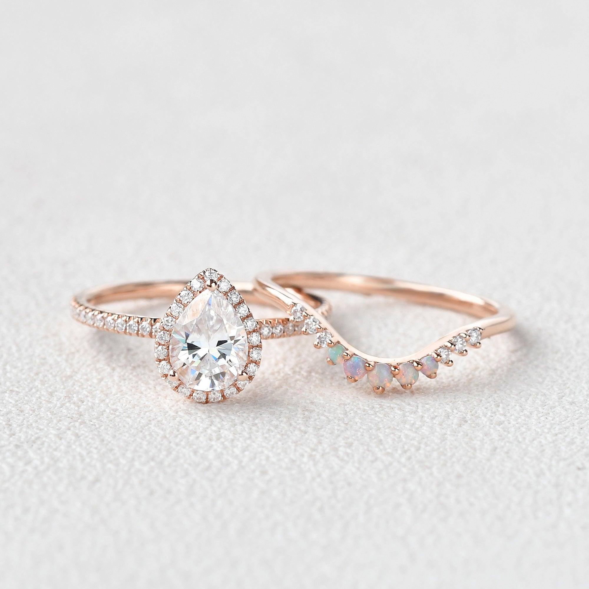 Pear Shaped Moissanite & Opal White Gold Ring Set 2pcs - Felicegals 丨Wedding ring 丨Fashion ring 丨Diamond ring 丨Gemstone ring--Felicegals