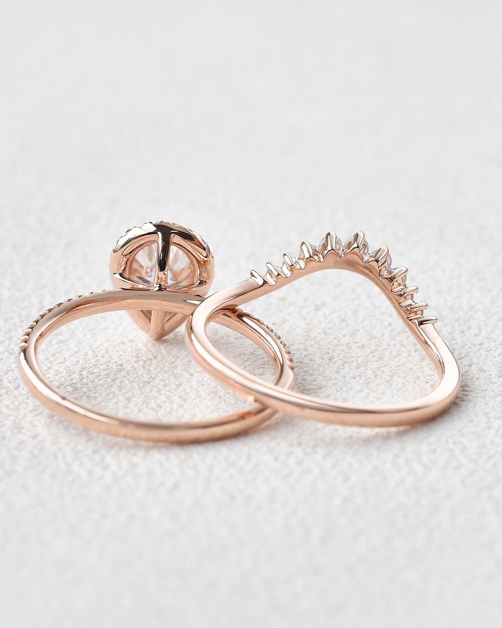 Pear Shaped Moissanite & Opal White Gold Ring Set 2pcs - Felicegals 丨Wedding ring 丨Fashion ring 丨Diamond ring 丨Gemstone ring--Felicegals