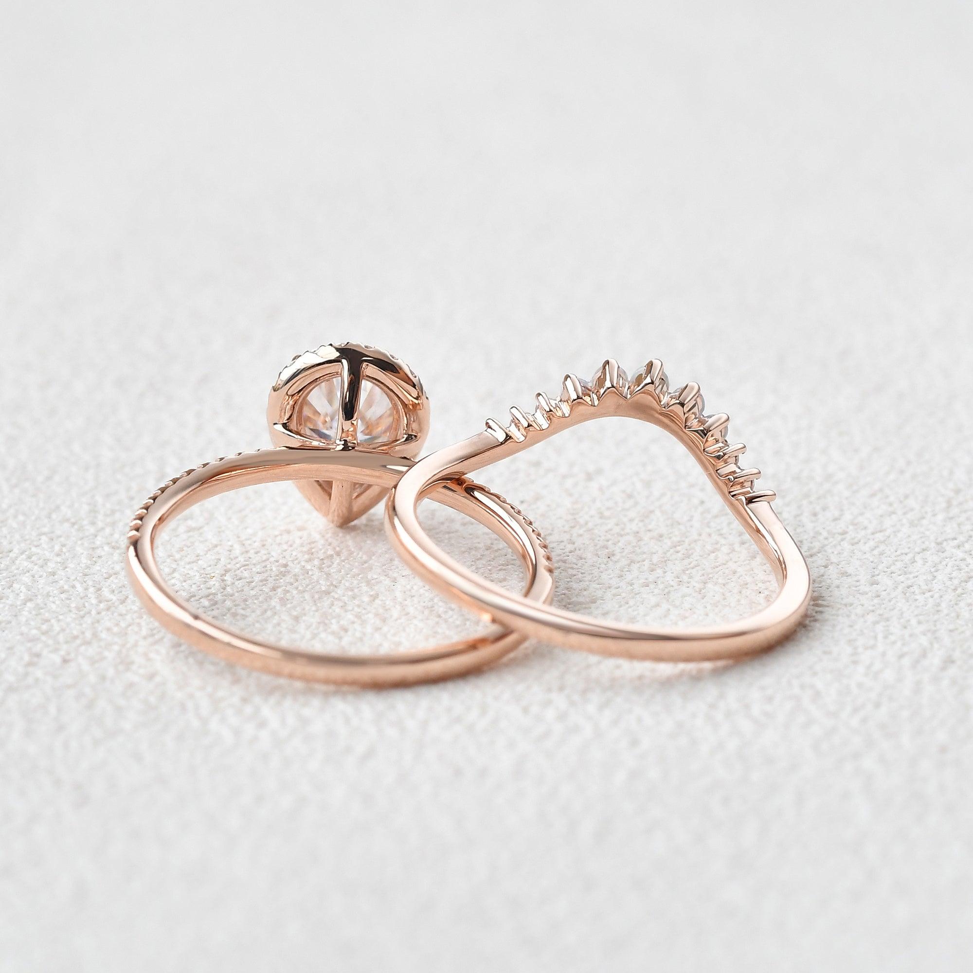 Pear Shaped Moissanite & Opal White Gold Ring Set 2pcs - Felicegals 丨Wedding ring 丨Fashion ring 丨Diamond ring 丨Gemstone ring--Felicegals