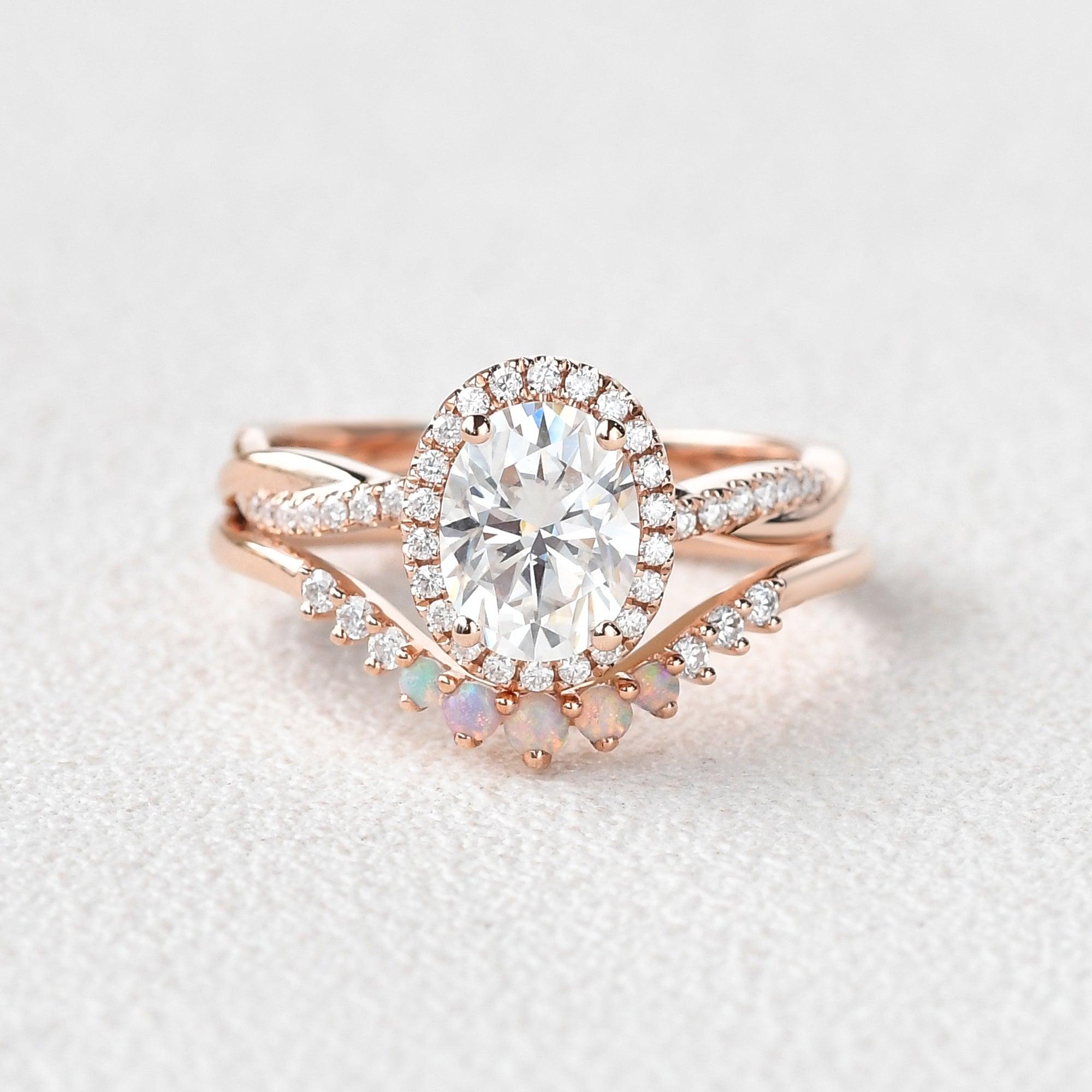 Oval Cut Moissanite & Opal Halo Rose Gold Ring Set 2pcs - Felicegals 丨Wedding ring 丨Fashion ring 丨Diamond ring 丨Gemstone ring--Felicegals 丨Wedding ring 丨Fashion ring 丨Diamond ring 丨Gemstone ring