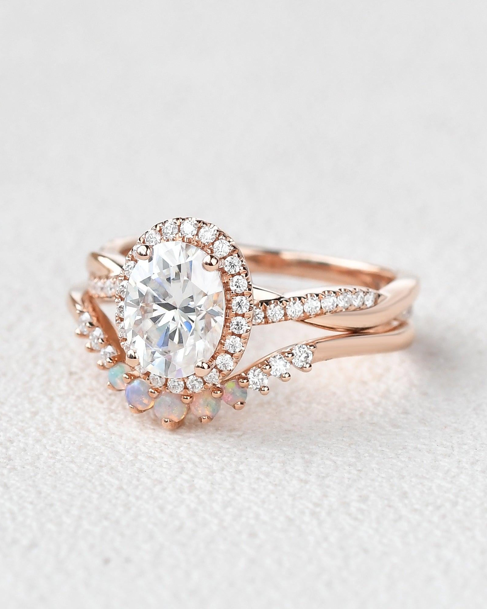 Oval Cut Moissanite & Opal Halo Rose Gold Ring Set 2pcs - Felicegals 丨Wedding ring 丨Fashion ring 丨Diamond ring 丨Gemstone ring--Felicegals 丨Wedding ring 丨Fashion ring 丨Diamond ring 丨Gemstone ring