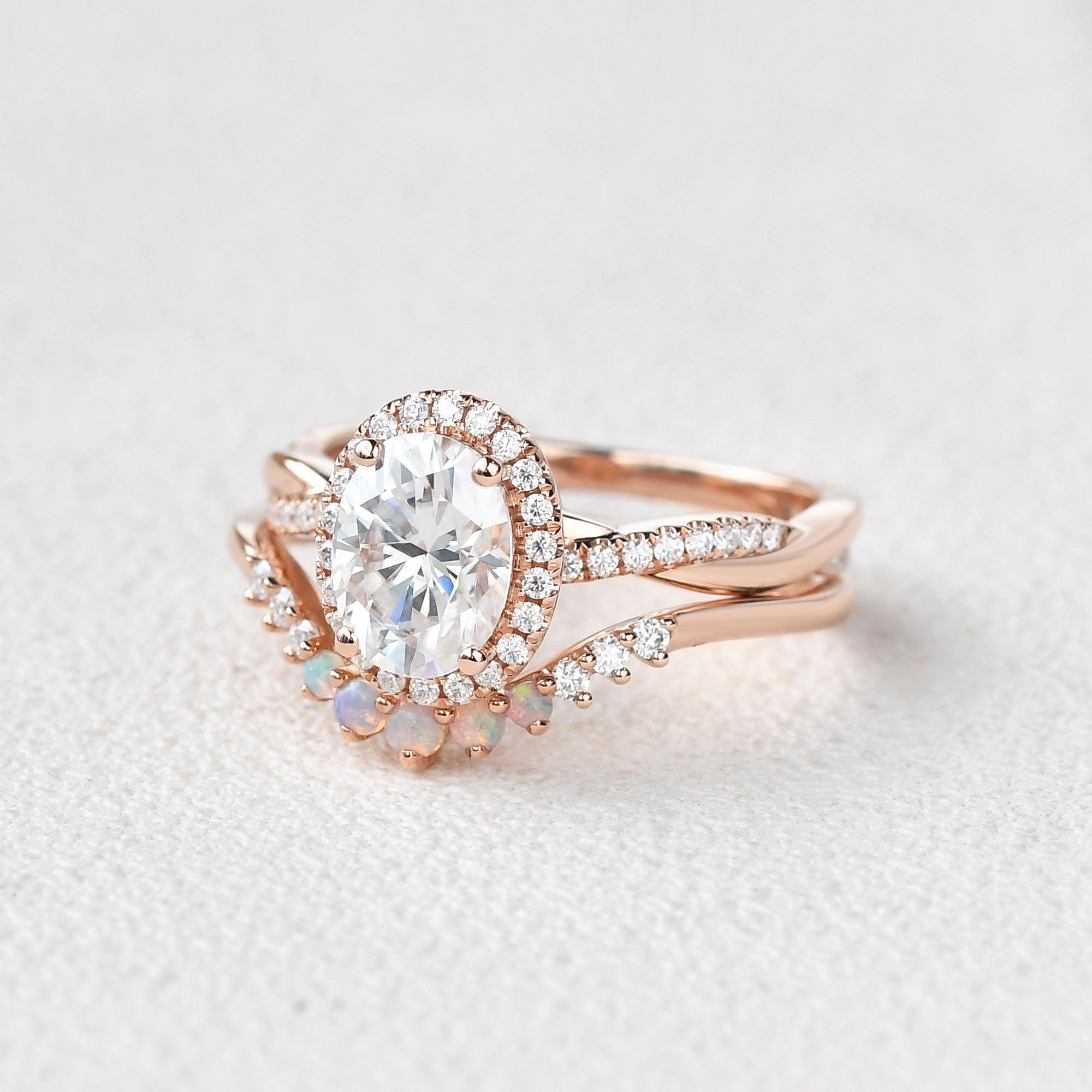 Oval Cut Moissanite & Opal Halo Rose Gold Ring Set 2pcs - Felicegals 丨Wedding ring 丨Fashion ring 丨Diamond ring 丨Gemstone ring--Felicegals 丨Wedding ring 丨Fashion ring 丨Diamond ring 丨Gemstone ring