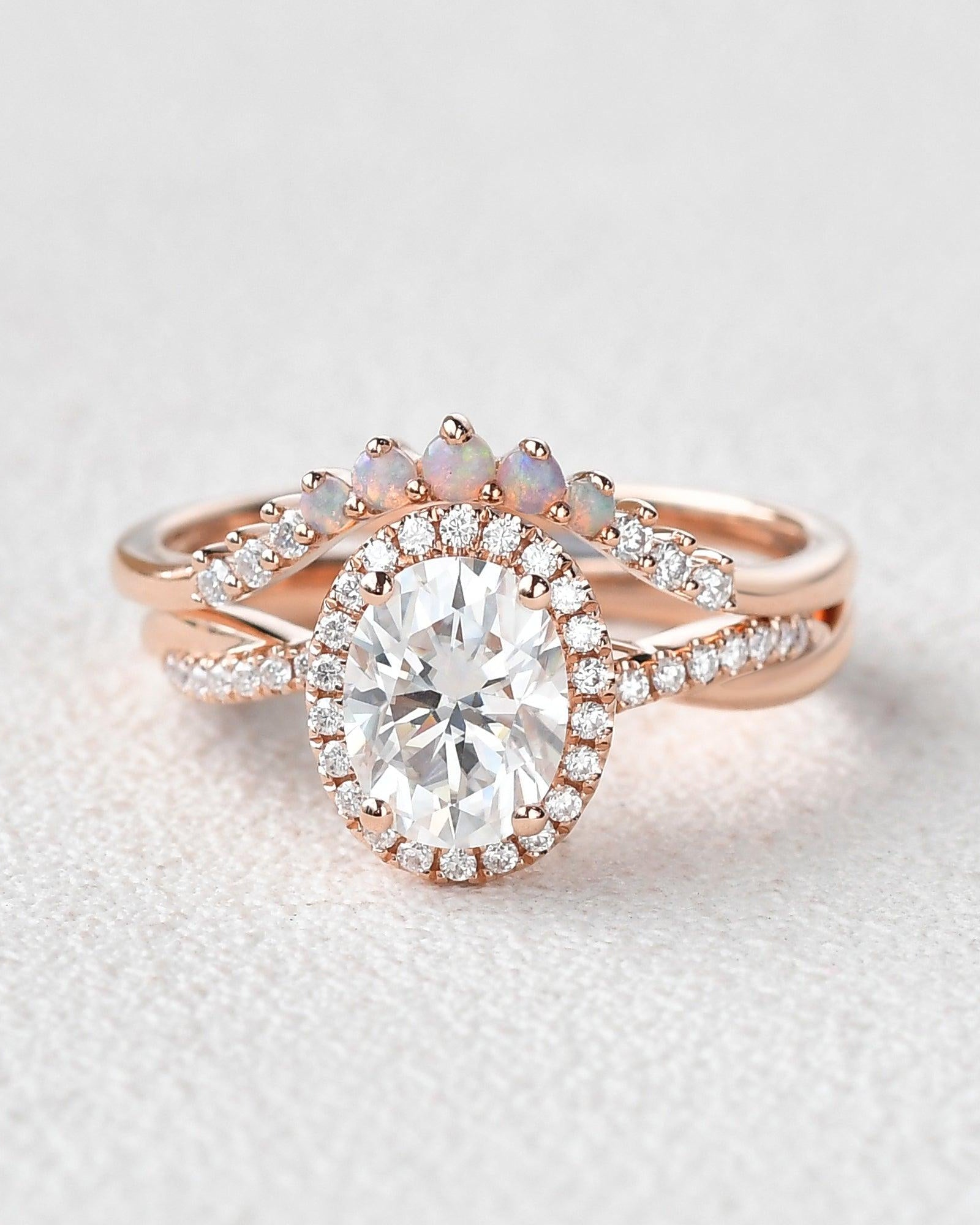 Oval Cut Moissanite & Opal Halo Rose Gold Ring Set 2pcs - Felicegals 丨Wedding ring 丨Fashion ring 丨Diamond ring 丨Gemstone ring--Felicegals 丨Wedding ring 丨Fashion ring 丨Diamond ring 丨Gemstone ring