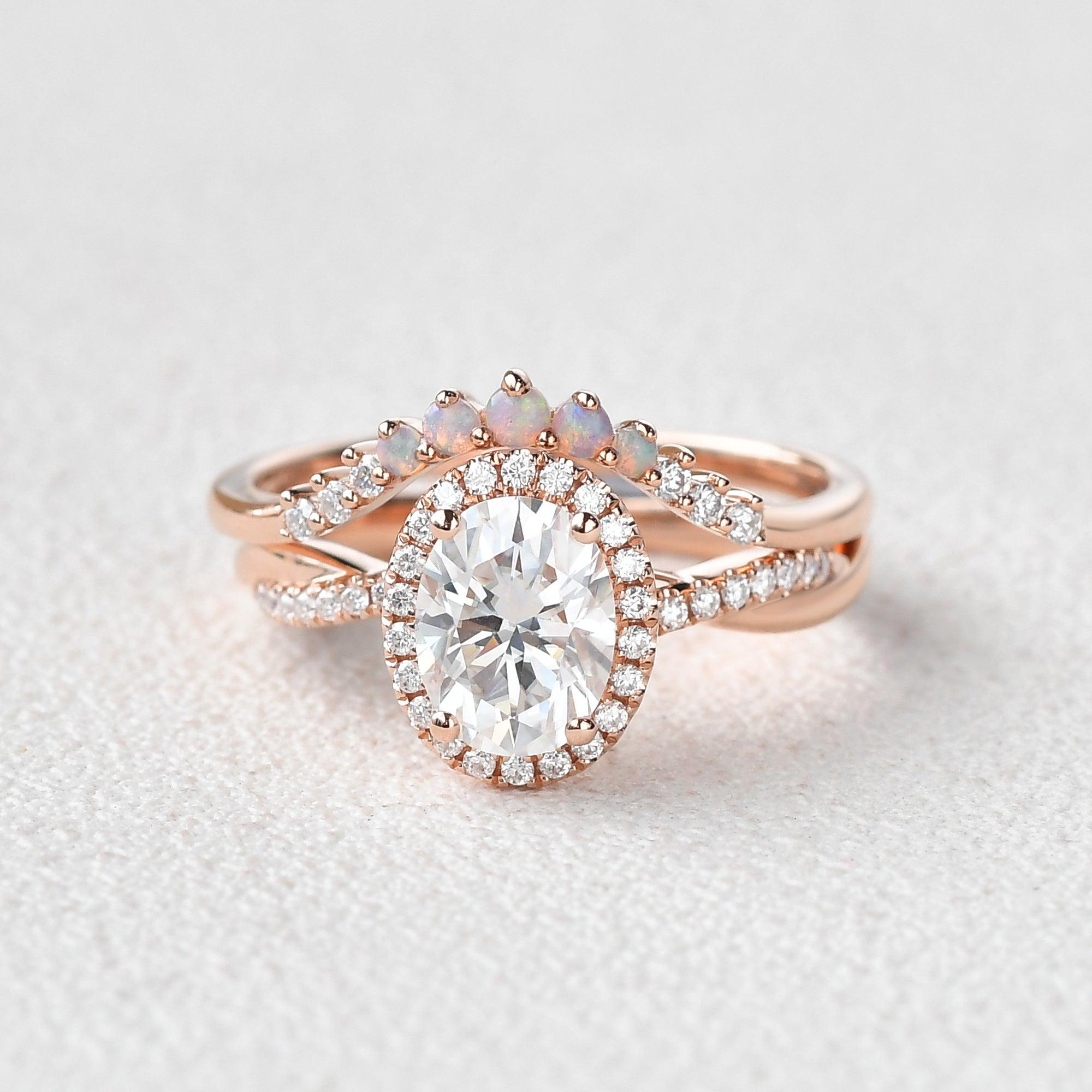 Oval Cut Moissanite & Opal Halo Rose Gold Ring Set 2pcs - Felicegals 丨Wedding ring 丨Fashion ring 丨Diamond ring 丨Gemstone ring--Felicegals 丨Wedding ring 丨Fashion ring 丨Diamond ring 丨Gemstone ring