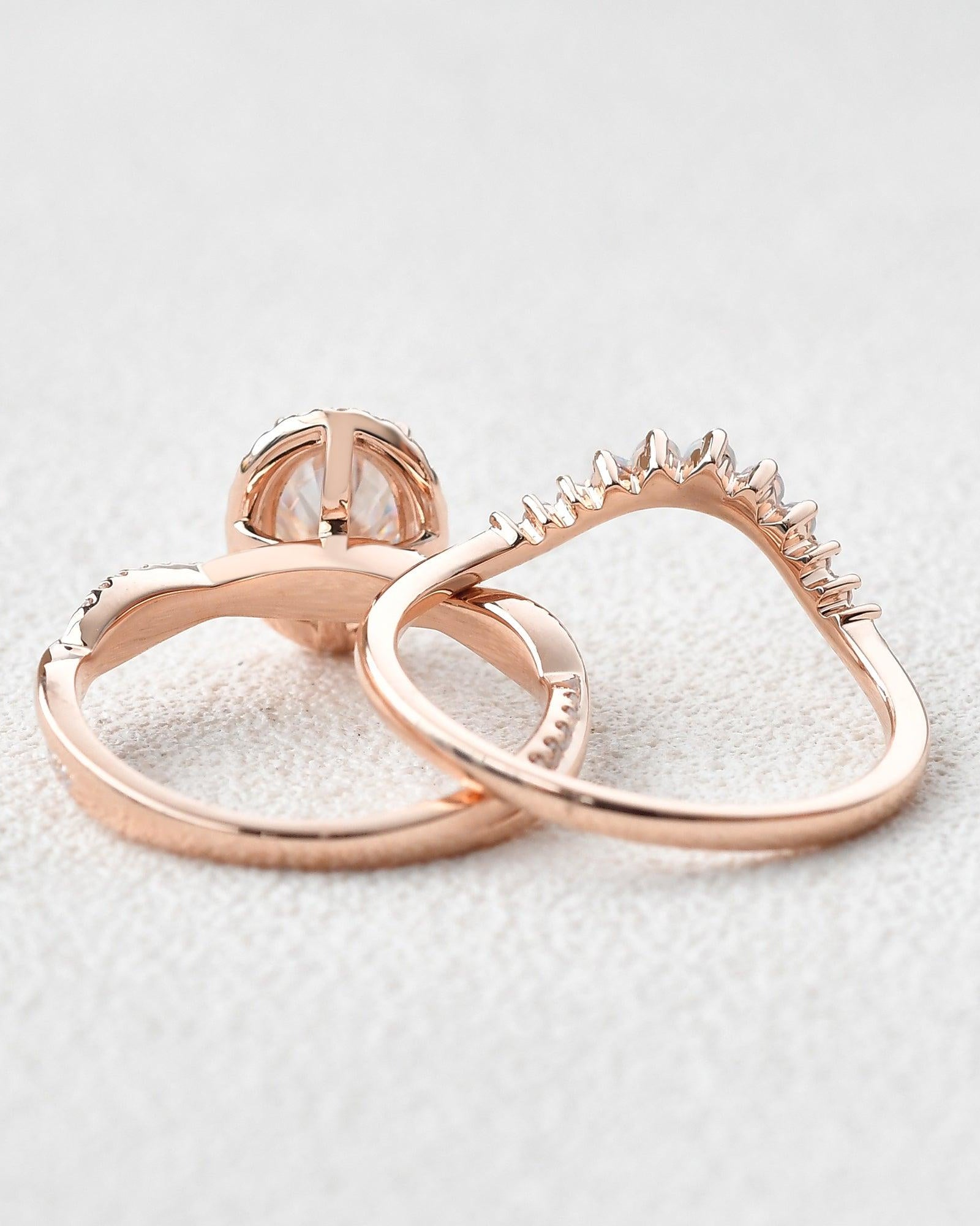 Oval Cut Moissanite & Opal Halo Rose Gold Ring Set 2pcs - Felicegals 丨Wedding ring 丨Fashion ring 丨Diamond ring 丨Gemstone ring--Felicegals 丨Wedding ring 丨Fashion ring 丨Diamond ring 丨Gemstone ring