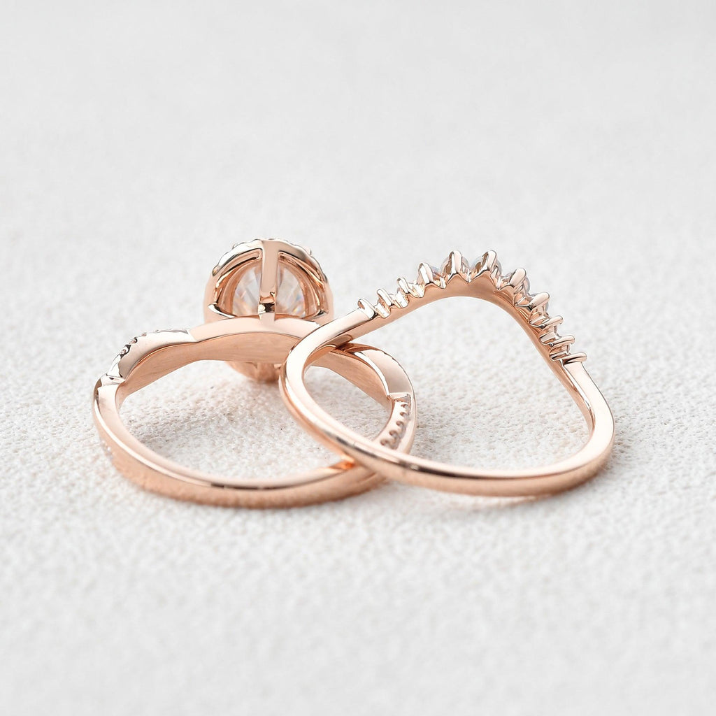 Oval Cut Moissanite & Opal Halo Rose Gold Ring Set 2pcs - Felicegals 丨Wedding ring 丨Fashion ring 丨Diamond ring 丨Gemstone ring--Felicegals 丨Wedding ring 丨Fashion ring 丨Diamond ring 丨Gemstone ring