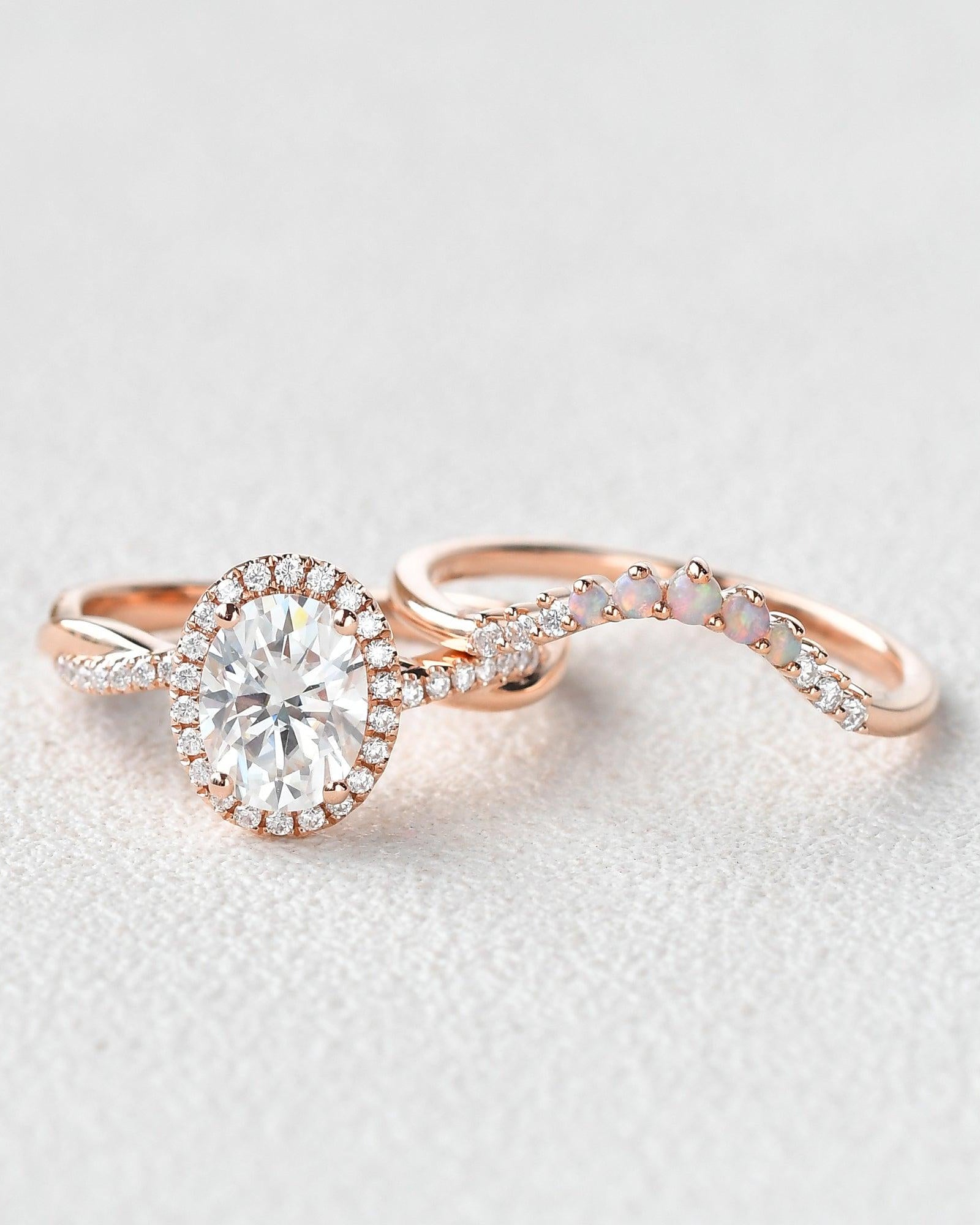 Oval Cut Moissanite & Opal Halo Rose Gold Ring Set 2pcs - Felicegals 丨Wedding ring 丨Fashion ring 丨Diamond ring 丨Gemstone ring--Felicegals 丨Wedding ring 丨Fashion ring 丨Diamond ring 丨Gemstone ring