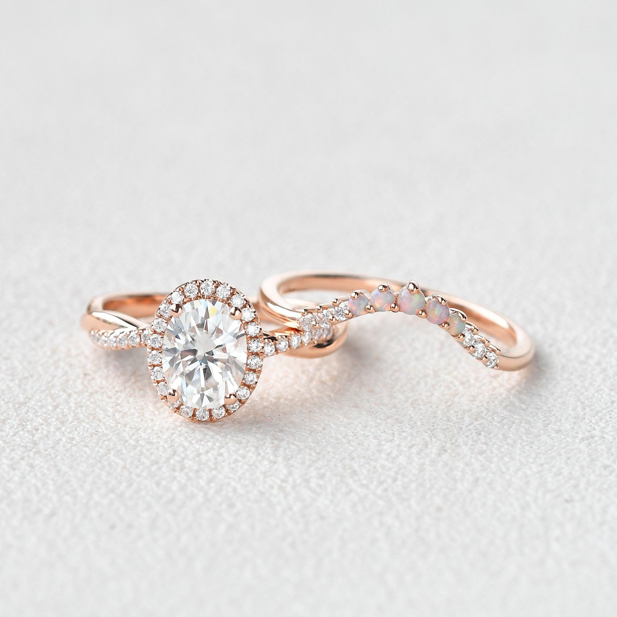 Oval Cut Moissanite & Opal Halo Rose Gold Ring Set 2pcs - Felicegals 丨Wedding ring 丨Fashion ring 丨Diamond ring 丨Gemstone ring--Felicegals 丨Wedding ring 丨Fashion ring 丨Diamond ring 丨Gemstone ring