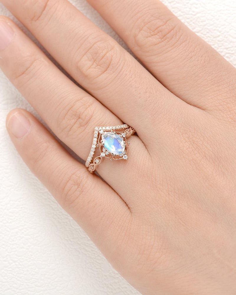 Moonstone & Moissanite Inspired Ring Set 2pcs - Felicegals