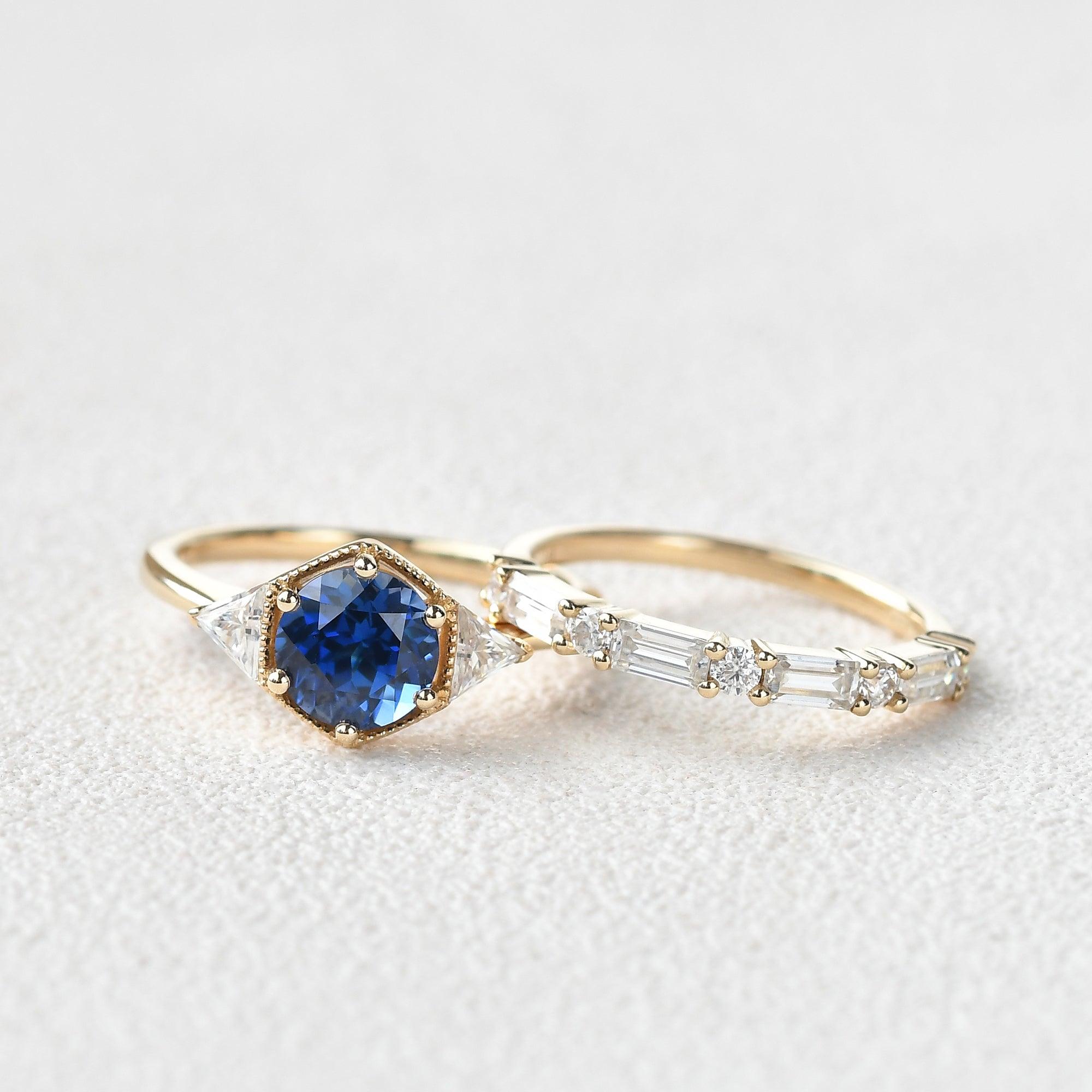 Round Cut Sapphire Yellow Gold Ring Set 2pcs - Felicegals 丨Wedding ring 丨Fashion ring 丨Diamond ring 丨Gemstone ring--Felicegals 丨Wedding ring 丨Fashion ring 丨Diamond ring 丨Gemstone ring