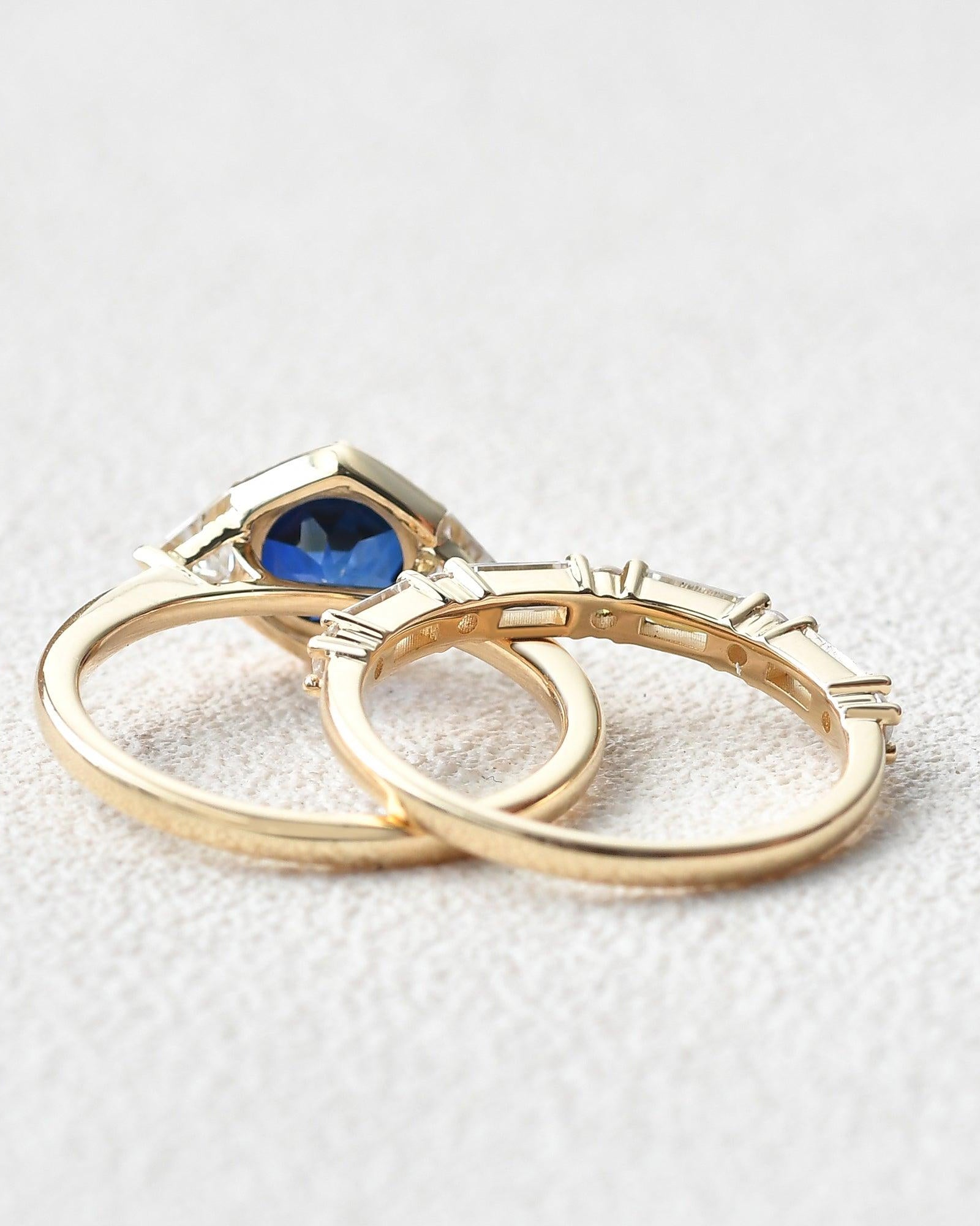 Round Cut Sapphire Yellow Gold Ring Set 2pcs - Felicegals 丨Wedding ring 丨Fashion ring 丨Diamond ring 丨Gemstone ring--Felicegals 丨Wedding ring 丨Fashion ring 丨Diamond ring 丨Gemstone ring