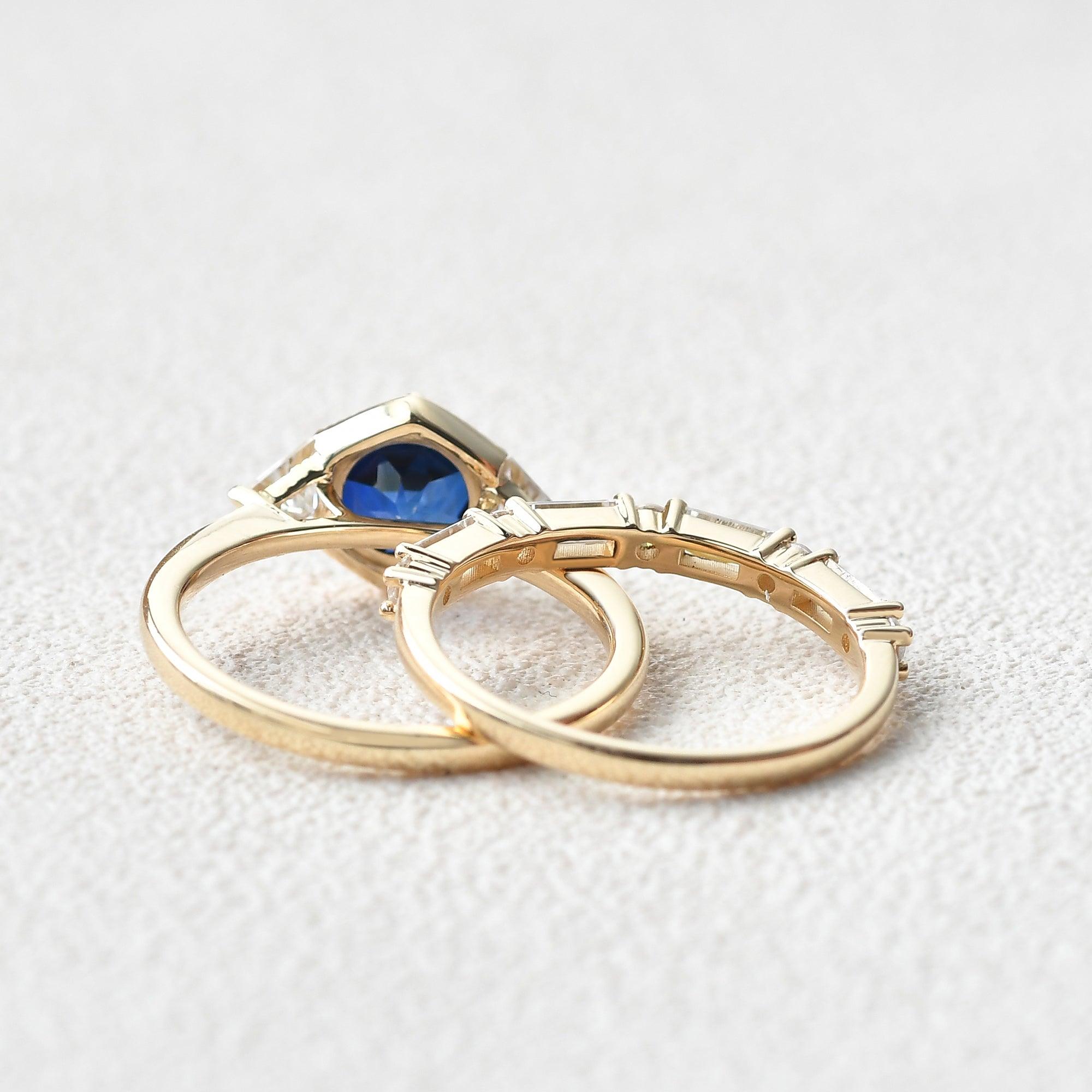 Round Cut Sapphire Yellow Gold Ring Set 2pcs - Felicegals 丨Wedding ring 丨Fashion ring 丨Diamond ring 丨Gemstone ring--Felicegals 丨Wedding ring 丨Fashion ring 丨Diamond ring 丨Gemstone ring