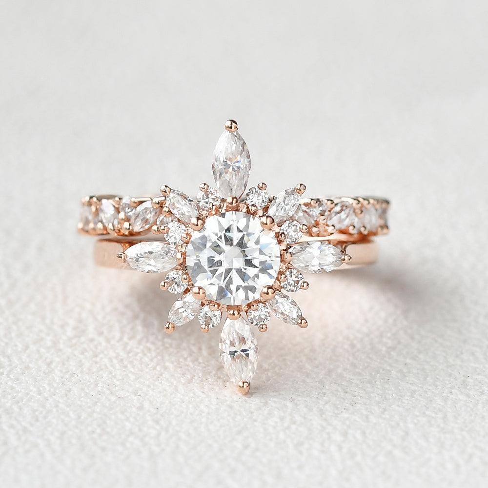 Flower Marquise Moissanite Cluster Ring Set 2pcs - Felicegals 丨Wedding ring 丨Fashion ring 丨Diamond ring 丨Gemstone ring--Felicegals