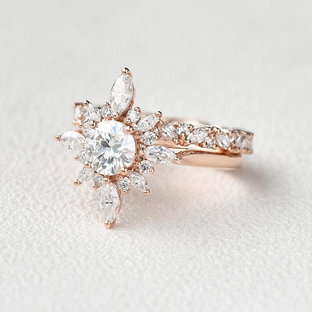 Flower Marquise Moissanite Cluster Ring Set 2pcs - Felicegals 丨Wedding ring 丨Fashion ring 丨Diamond ring 丨Gemstone ring--Felicegals