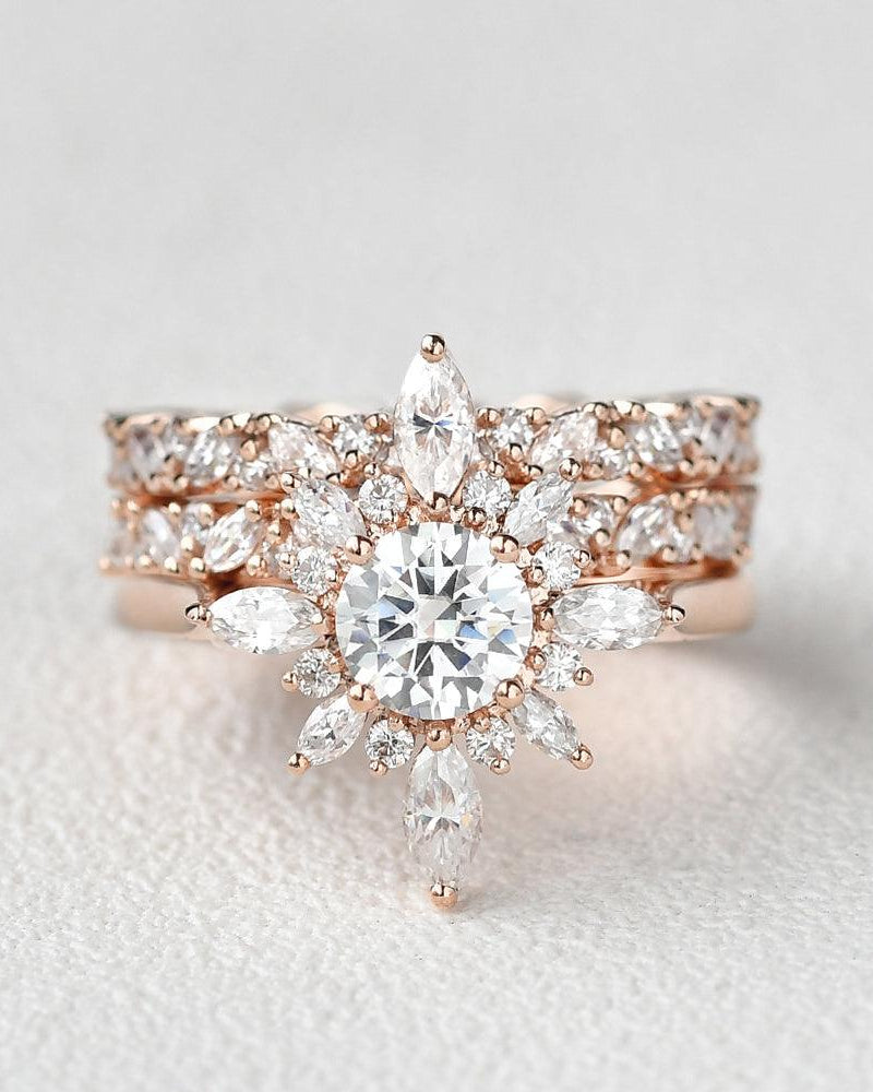 Flower Marquise Moissanite Cluster Ring Set 3pcs - Felicegals 丨Wedding ring 丨Fashion ring 丨Diamond ring 丨Gemstone ring