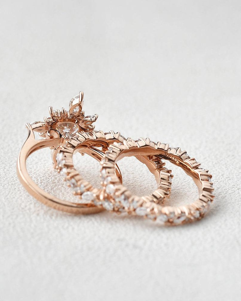 Flower Marquise Moissanite Cluster Ring Set 3pcs - Felicegals 丨Wedding ring 丨Fashion ring 丨Diamond ring 丨Gemstone ring--Felicegals