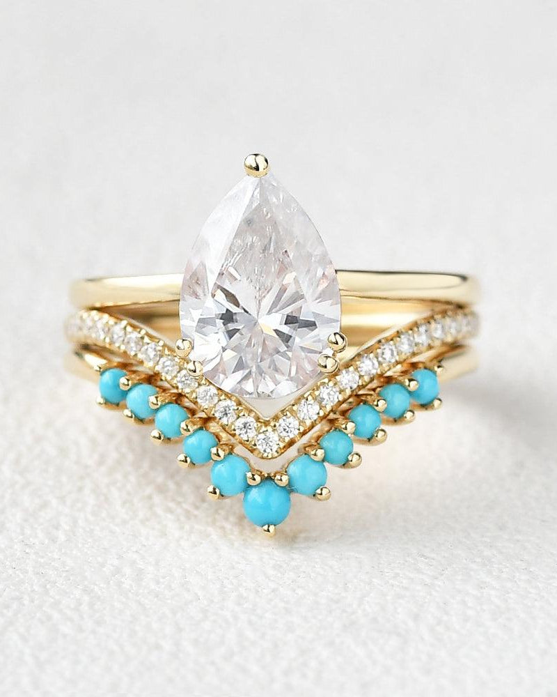 Art-Deco Pear Shaped Moissanite & Turquoise Ring Set 3pcs - Felicegals 丨Wedding ring 丨Fashion ring 丨Diamond ring 丨Gemstone ring--Felicegals