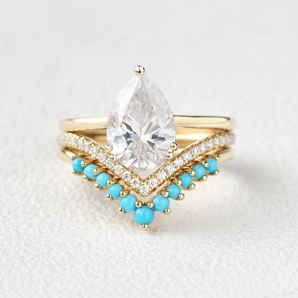 Art-Deco Pear Shaped Moissanite & Turquoise Ring Set 3pcs - Felicegals 丨Wedding ring 丨Fashion ring 丨Diamond ring 丨Gemstone ring--Felicegals