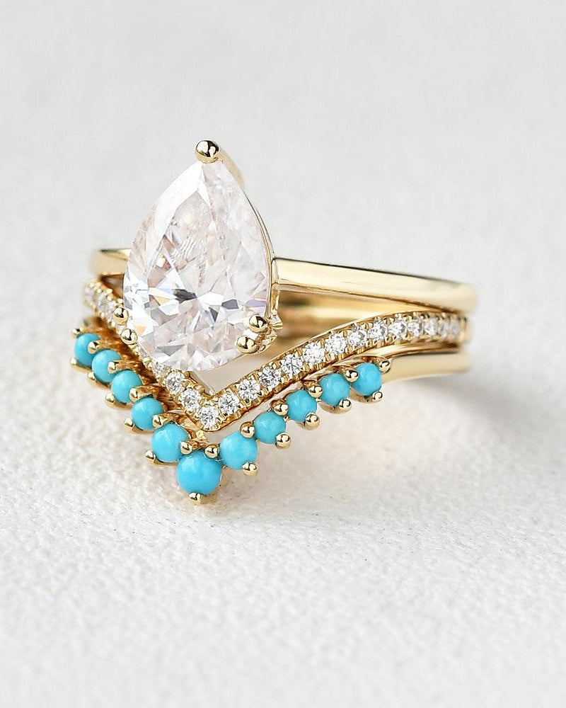 Art-Deco Pear Shaped Moissanite & Turquoise Ring Set 3pcs - Felicegals 丨Wedding ring 丨Fashion ring 丨Diamond ring 丨Gemstone ring--Felicegals