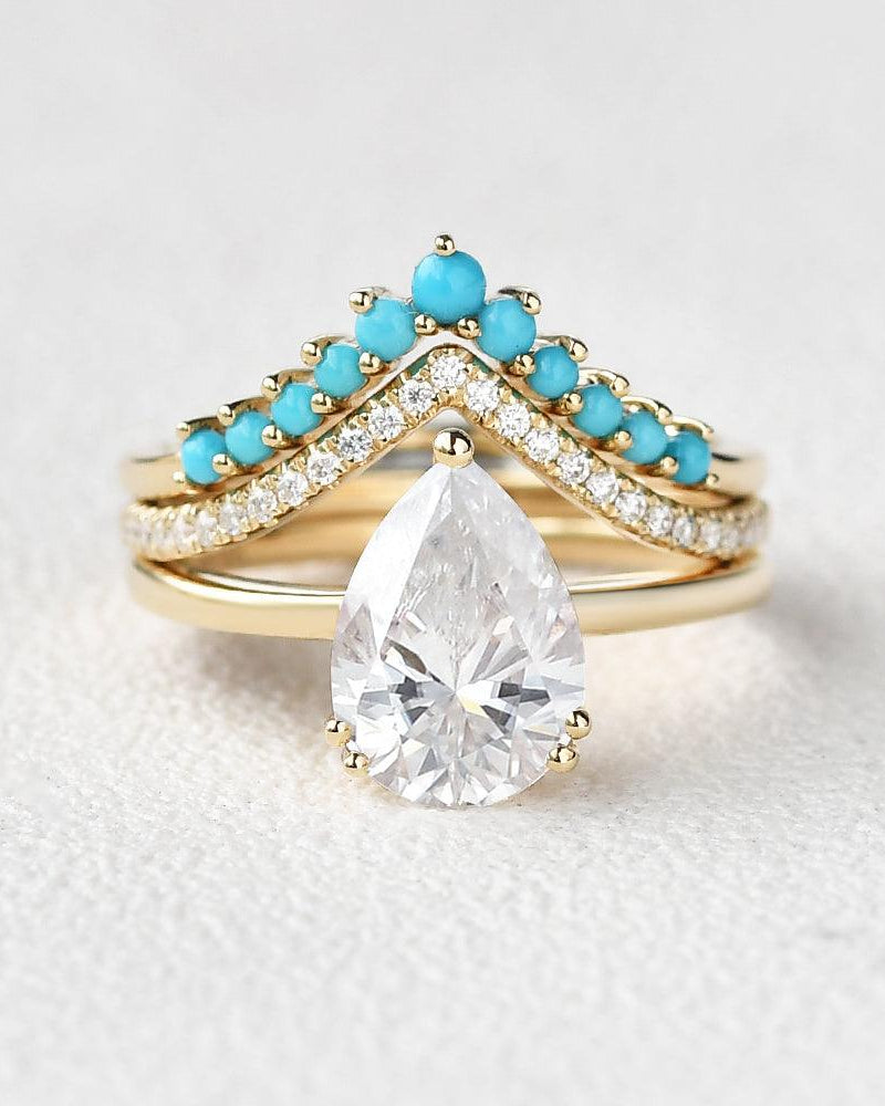Art-Deco Pear Shaped Moissanite & Turquoise Ring Set 3pcs - Felicegals 丨Wedding ring 丨Fashion ring 丨Diamond ring 丨Gemstone ring--Felicegals