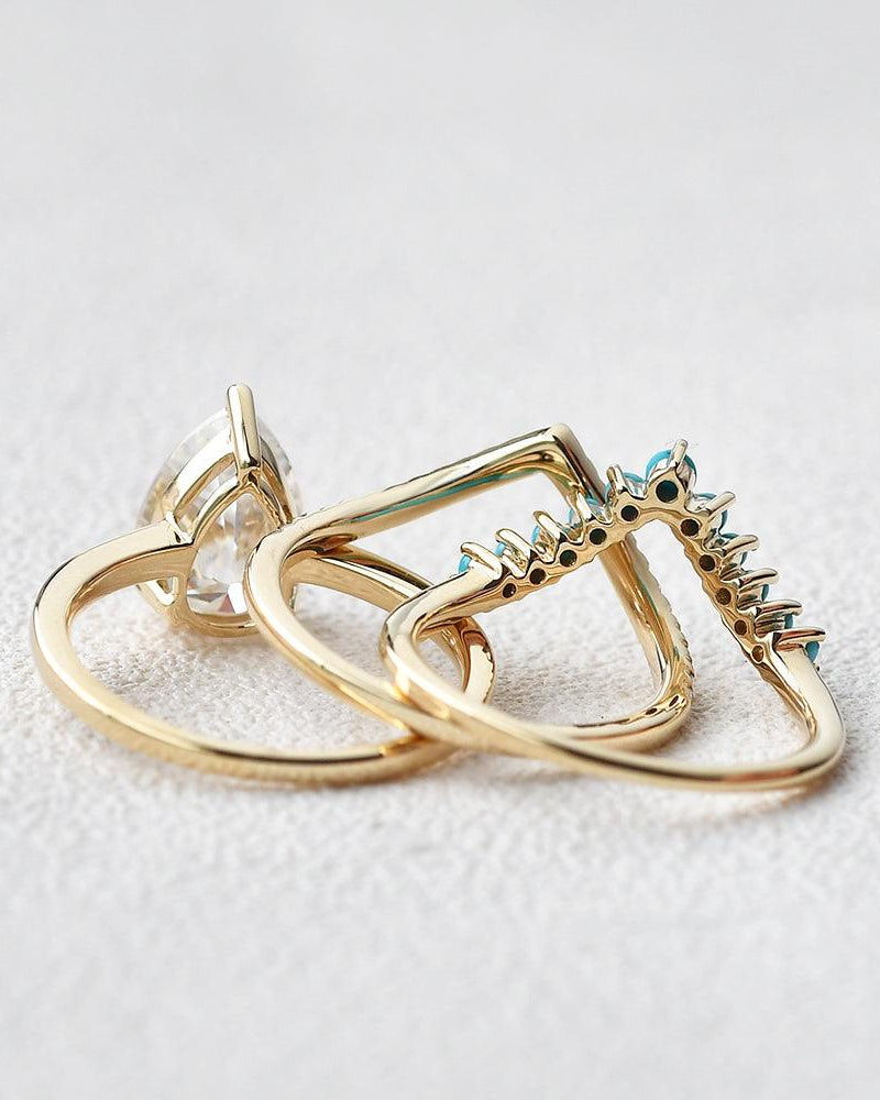 Art-Deco Pear Shaped Moissanite & Turquoise Ring Set 3pcs - Felicegals 丨Wedding ring 丨Fashion ring 丨Diamond ring 丨Gemstone ring--Felicegals