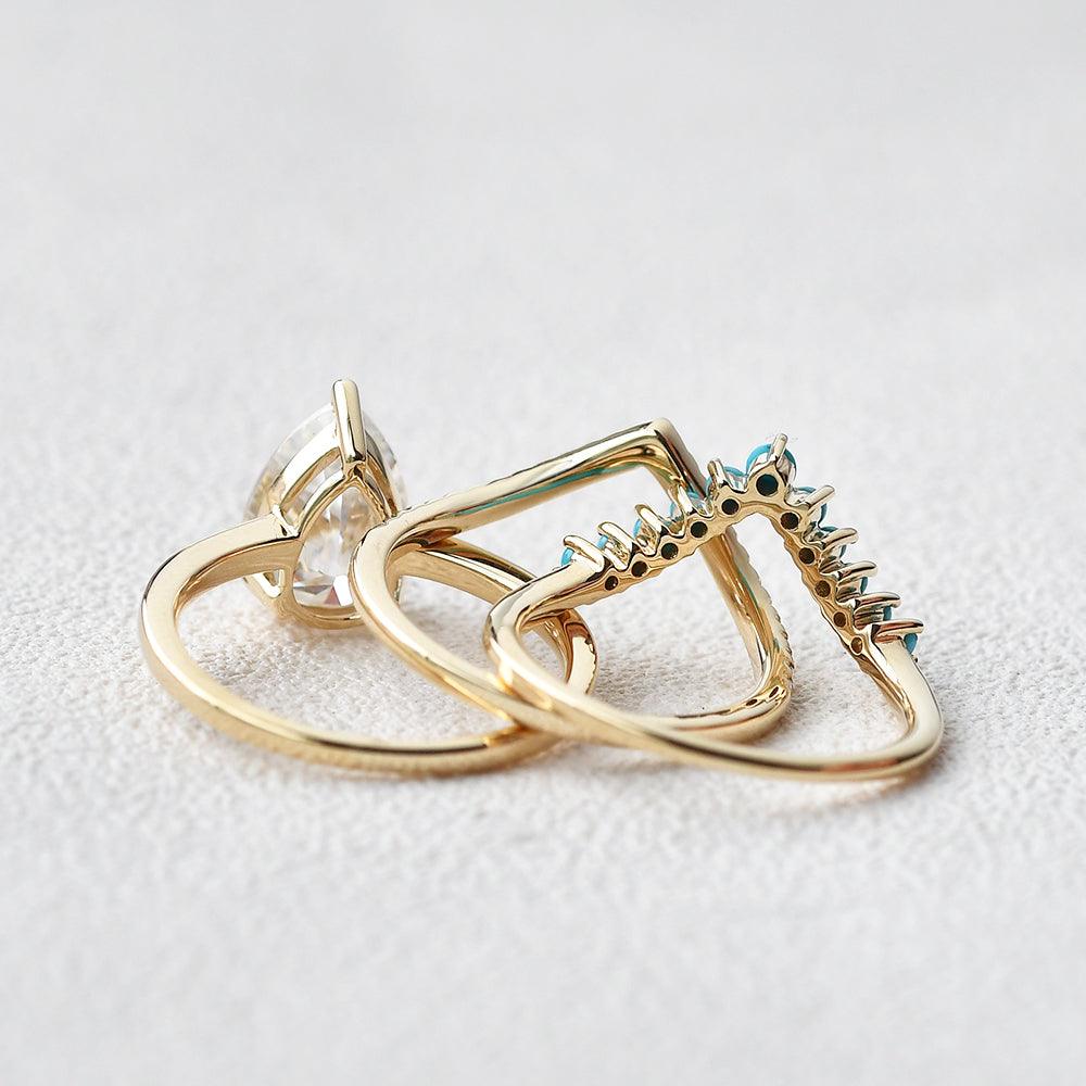 Art-Deco Pear Shaped Moissanite & Turquoise Ring Set 3pcs - Felicegals 丨Wedding ring 丨Fashion ring 丨Diamond ring 丨Gemstone ring--Felicegals