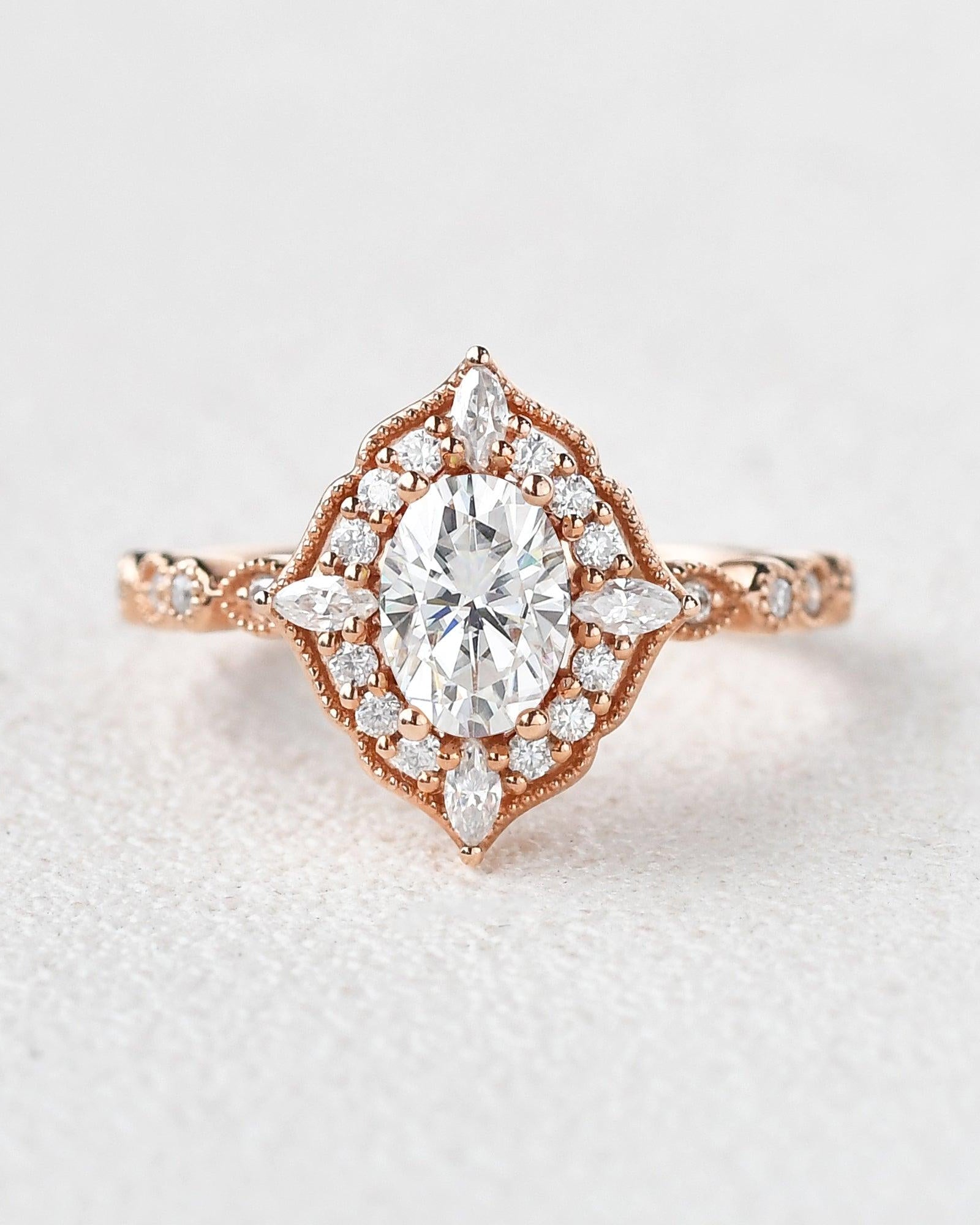 1ct Art-Deco Oval Cut Moissanite Rose Gold Ring - Felicegals 丨Wedding ring 丨Fashion ring 丨Diamond ring 丨Gemstone ring--Felicegals 丨Wedding ring 丨Fashion ring 丨Diamond ring 丨Gemstone ring