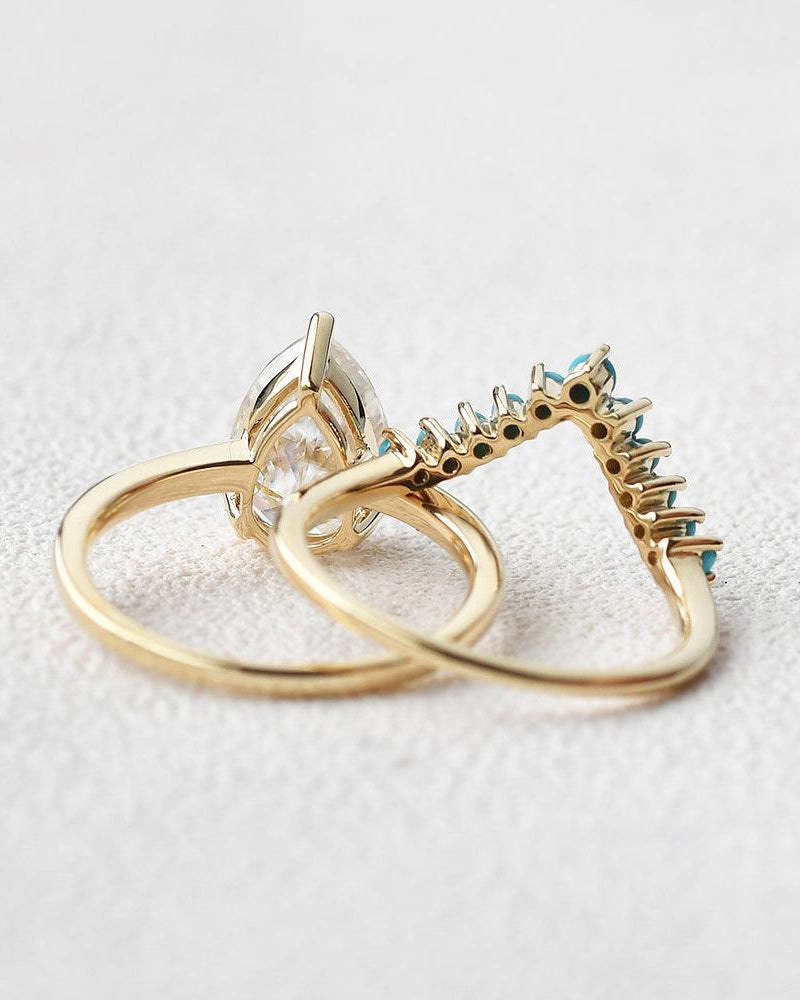Art-Deco Pear Shaped Moissanite & Turquoise Ring Set 2pcs - Felicegals 丨Wedding ring 丨Fashion ring 丨Diamond ring 丨Gemstone ring--Felicegals