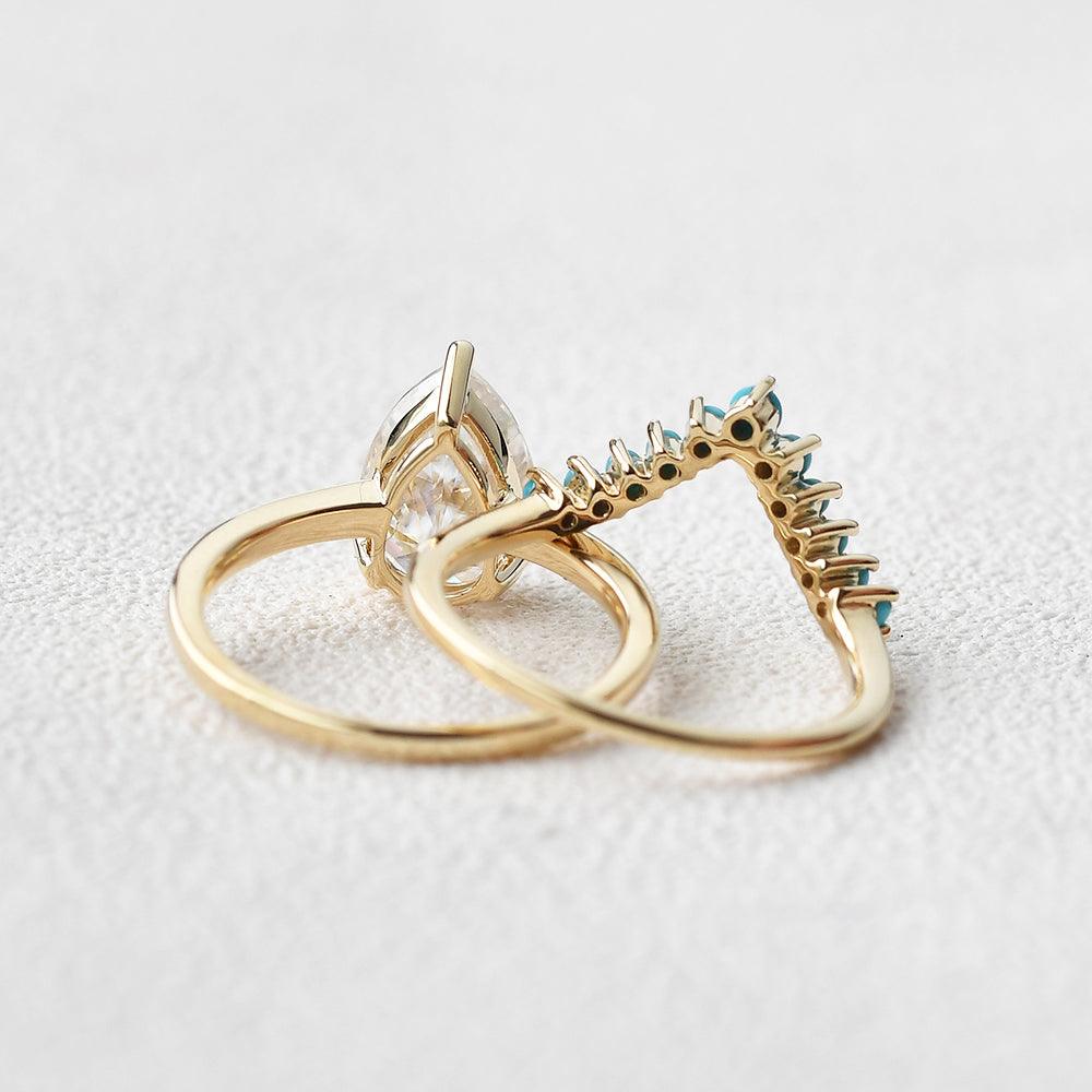 Art-Deco Pear Shaped Moissanite & Turquoise Ring Set 2pcs - Felicegals 丨Wedding ring 丨Fashion ring 丨Diamond ring 丨Gemstone ring--Felicegals