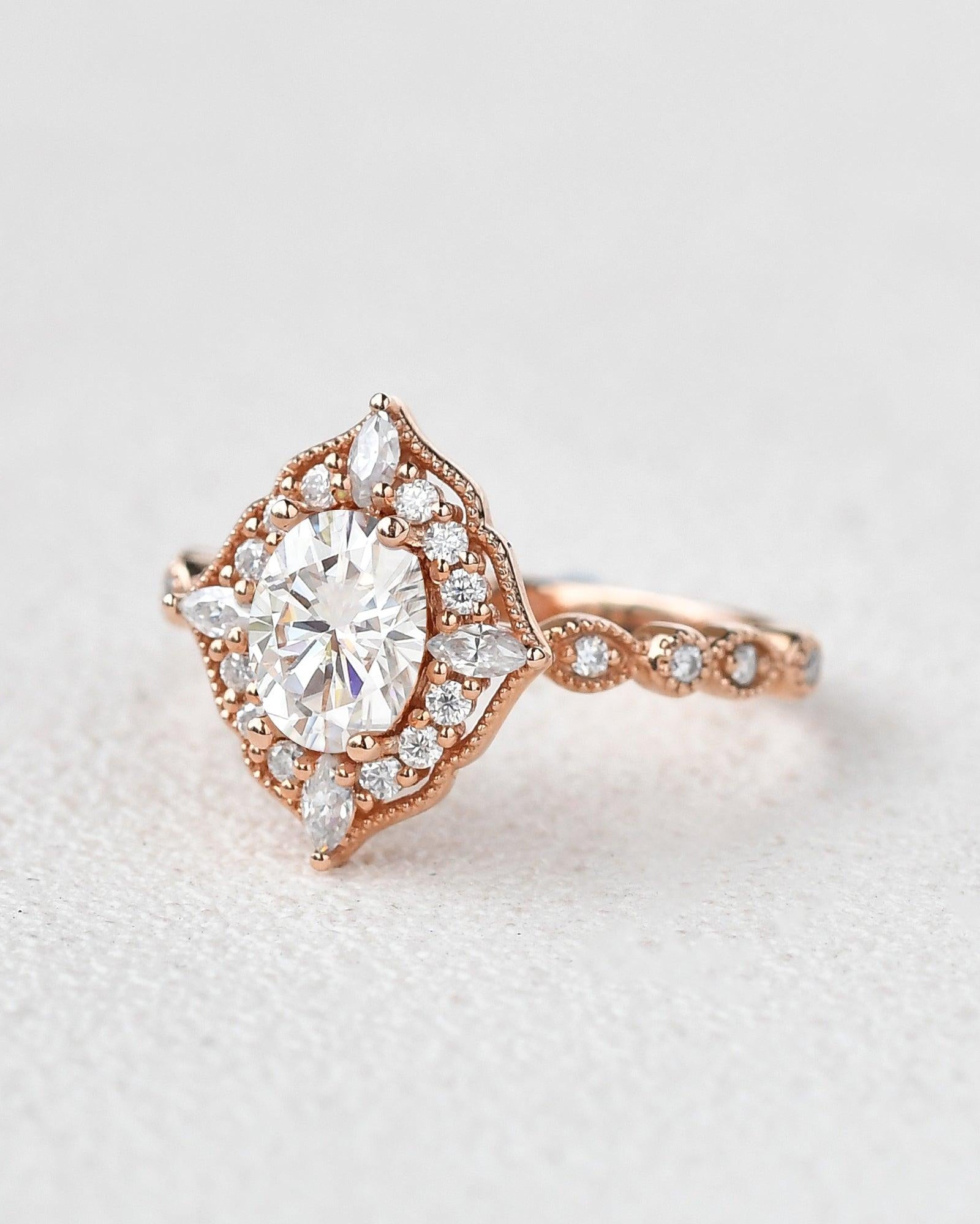 1ct Art-Deco Oval Cut Moissanite Rose Gold Ring - Felicegals 丨Wedding ring 丨Fashion ring 丨Diamond ring 丨Gemstone ring--Felicegals 丨Wedding ring 丨Fashion ring 丨Diamond ring 丨Gemstone ring