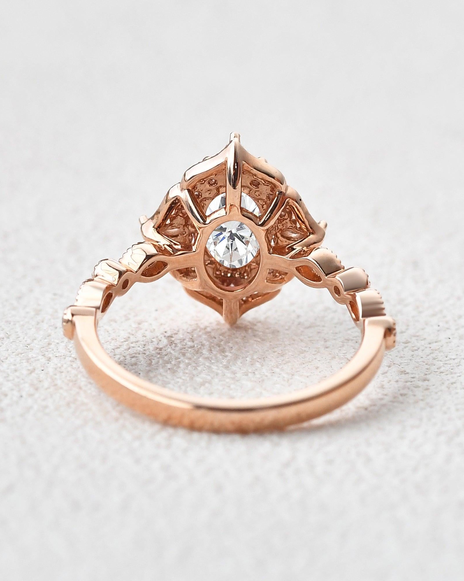1ct Art-Deco Oval Cut Moissanite Rose Gold Ring - Felicegals 丨Wedding ring 丨Fashion ring 丨Diamond ring 丨Gemstone ring--Felicegals 丨Wedding ring 丨Fashion ring 丨Diamond ring 丨Gemstone ring