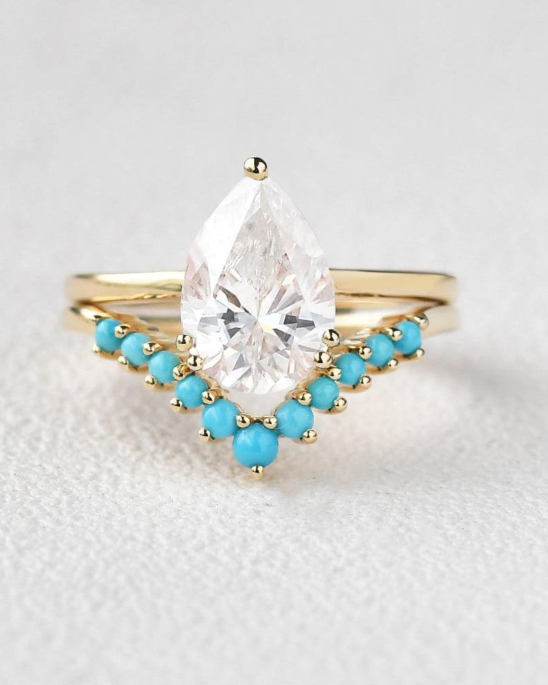 Art-Deco Pear Shaped Moissanite & Turquoise Ring Set 2pcs - Felicegals 丨Wedding ring 丨Fashion ring 丨Diamond ring 丨Gemstone ring--Felicegals