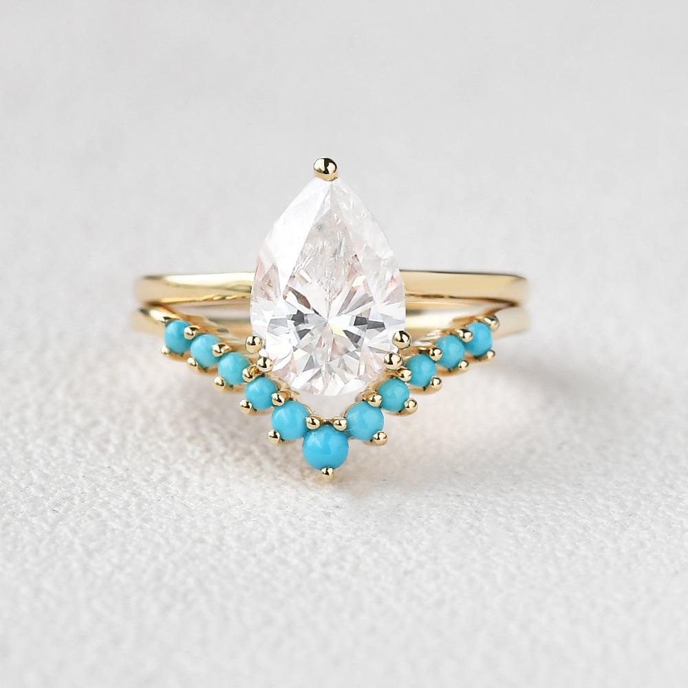 Art-Deco Pear Shaped Moissanite & Turquoise Ring Set 2pcs - Felicegals 丨Wedding ring 丨Fashion ring 丨Diamond ring 丨Gemstone ring--Felicegals