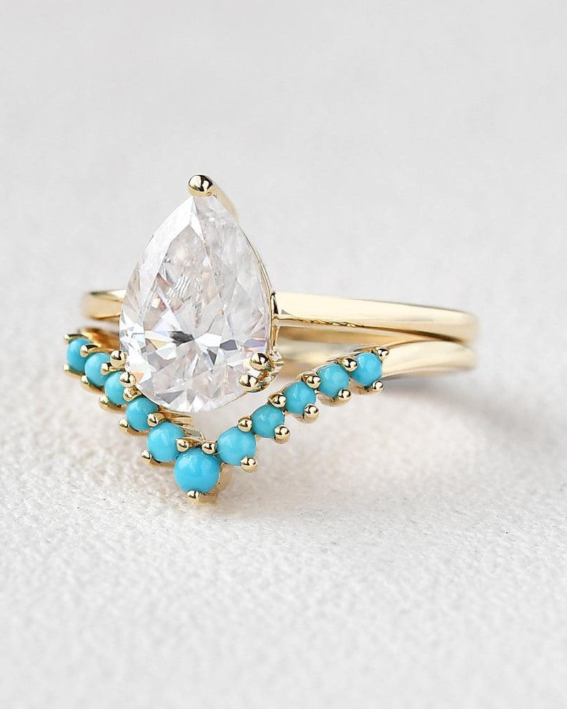 Art-Deco Pear Shaped Moissanite & Turquoise Ring Set 2pcs - Felicegals 丨Wedding ring 丨Fashion ring 丨Diamond ring 丨Gemstone ring--Felicegals