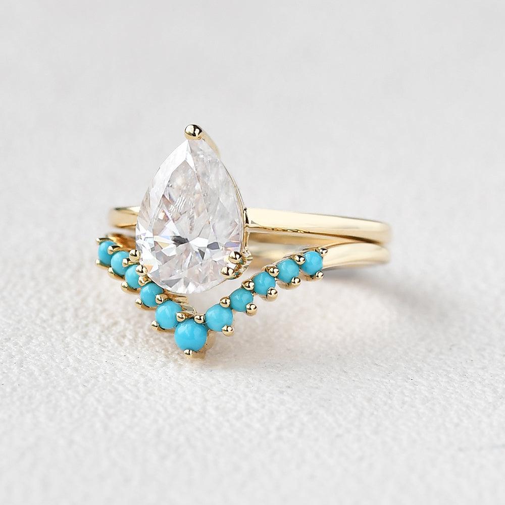 Art-Deco Pear Shaped Moissanite & Turquoise Ring Set 2pcs - Felicegals 丨Wedding ring 丨Fashion ring 丨Diamond ring 丨Gemstone ring--Felicegals
