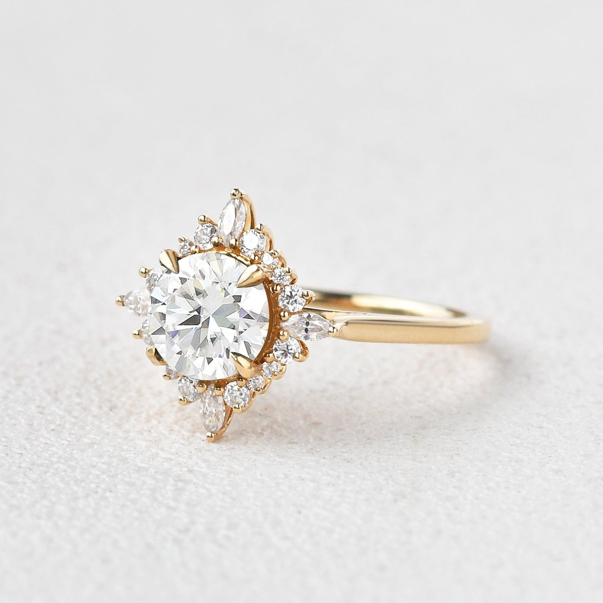 Round Cut Moissanite Floral Inspired Yellow Gold Ring - Felicegals 丨Wedding ring 丨Fashion ring 丨Diamond ring 丨Gemstone ring--Felicegals 丨Wedding ring 丨Fashion ring 丨Diamond ring 丨Gemstone ring