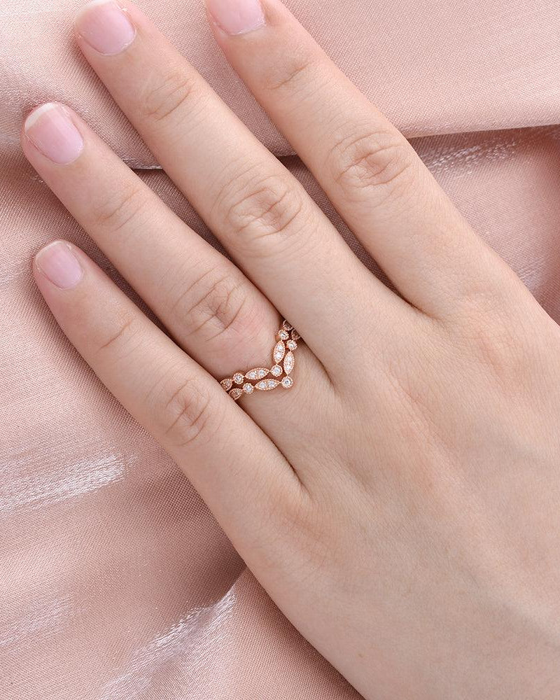 Moissanite Band V Shaped Rose Gold Ring Set 2pcs - Felicegals