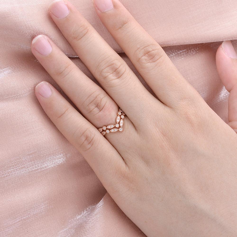 Moissanite Band V Shaped Rose Gold Ring Set 2pcs - Felicegals