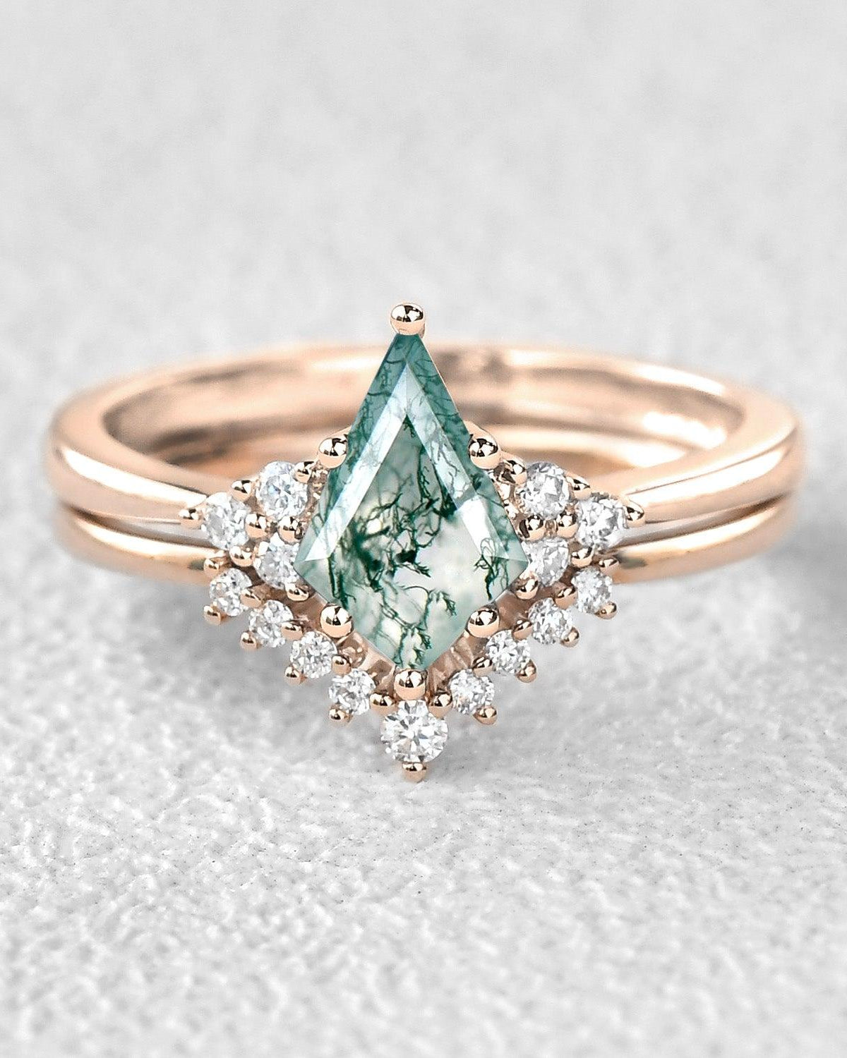 Signature Vintage Moss Agate Engagement Ring Set 2pcs - Felicegals 丨Wedding ring 丨Fashion ring 丨Diamond ring 丨Gemstone ring