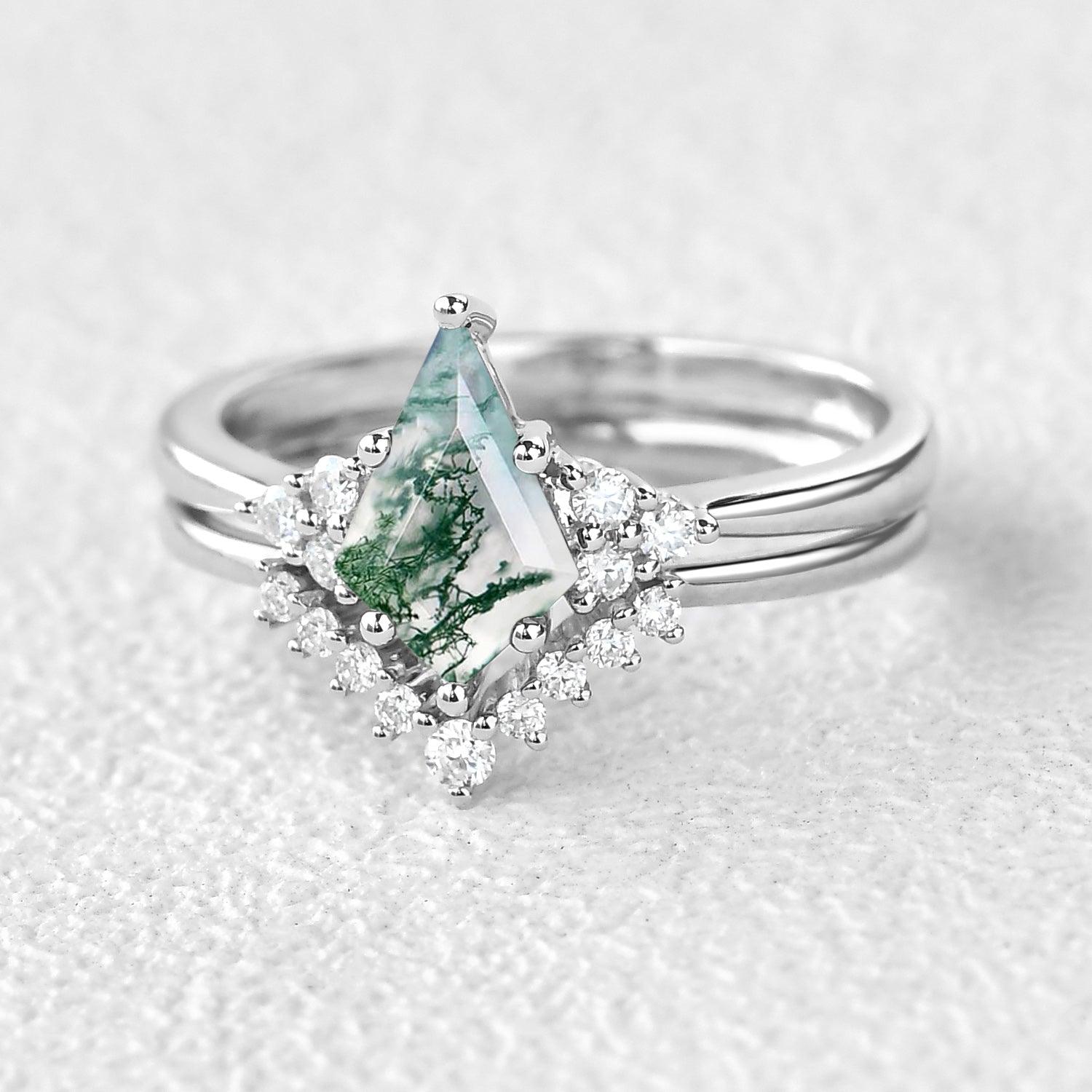 Signature Vintage Moss Agate Engagement Ring Set 2pcs - Felicegals 丨Wedding ring 丨Fashion ring 丨Diamond ring 丨Gemstone ring