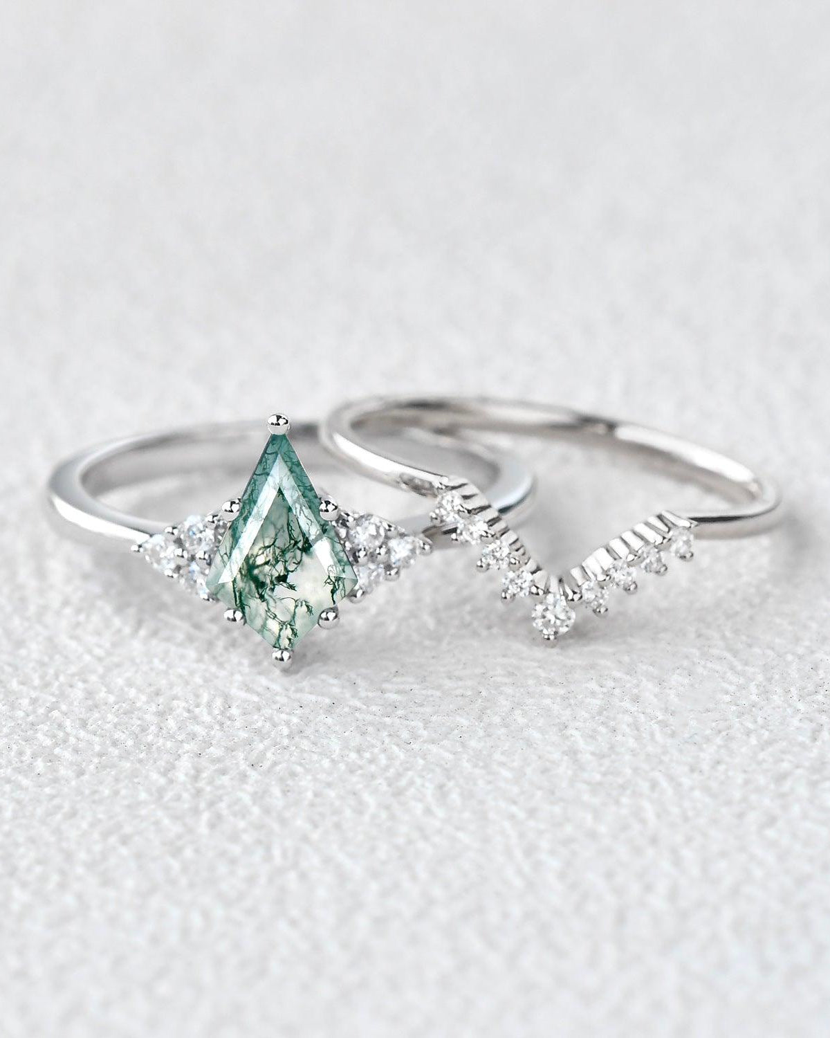 Signature Vintage Moss Agate Engagement Ring Set 2pcs - Felicegals 丨Wedding ring 丨Fashion ring 丨Diamond ring 丨Gemstone ring