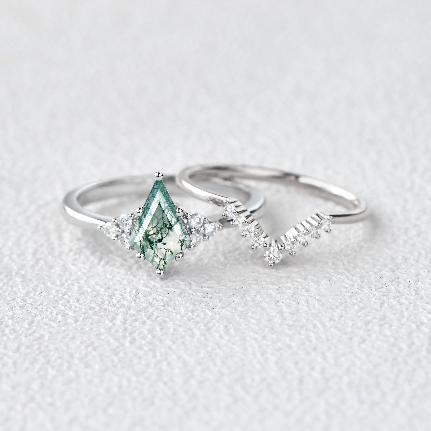Signature Vintage Moss Agate Engagement Ring Set 2pcs - Felicegals 丨Wedding ring 丨Fashion ring 丨Diamond ring 丨Gemstone ring